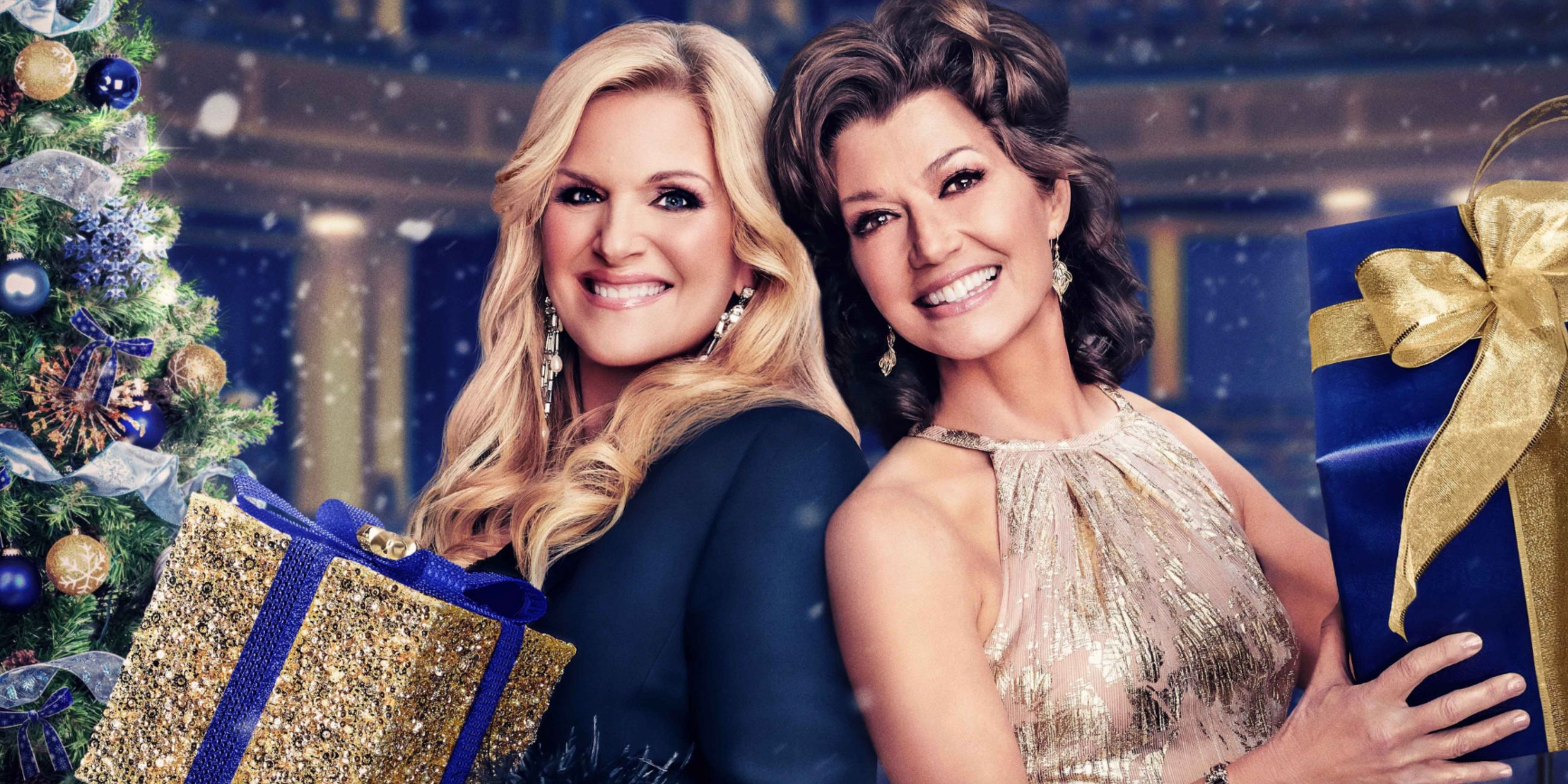 Trisha Yearwood and Amy Grant holding presents for the 2023 CMA Country Christmas Special
