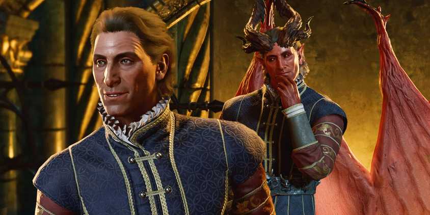 A smirking Raphael and Haarlep in screenshots from Baldur's Gate 3.