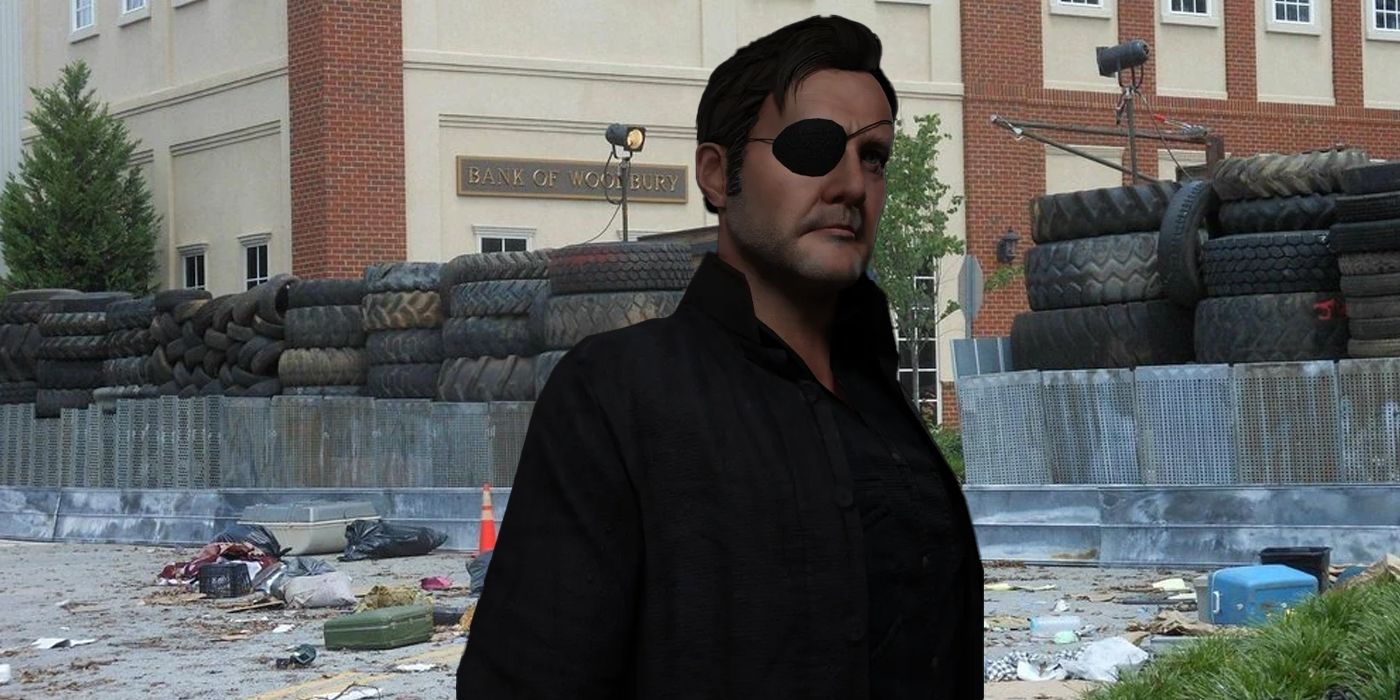 The Governor from TWD Destinies with Woodbury behind him