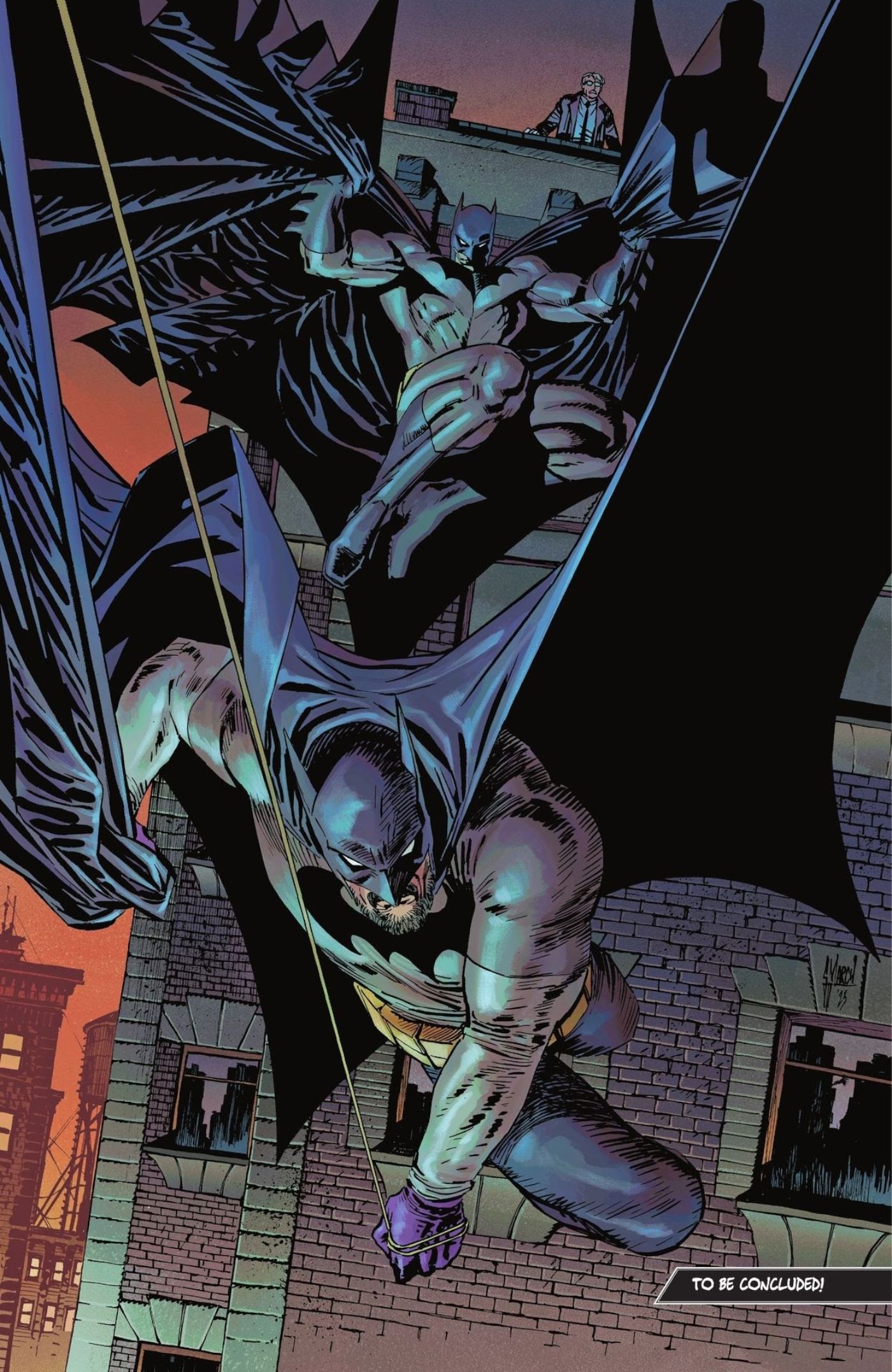 Comic book page: two versions of Batman leap from a roof.