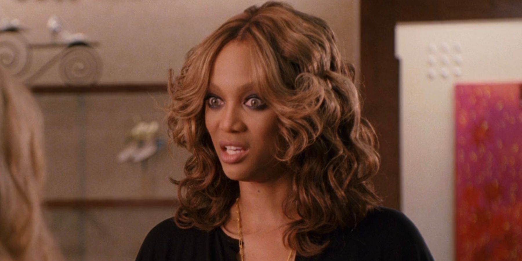Tyra Banks looking alarmed in Hannah Montana: The Movie