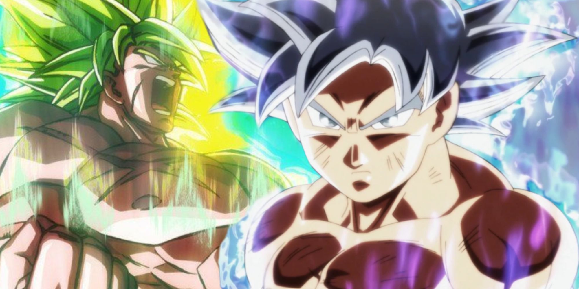 Images shows a glowing Mastered UI goku glaring towards a charging Broly from Dragon ball super in the background.