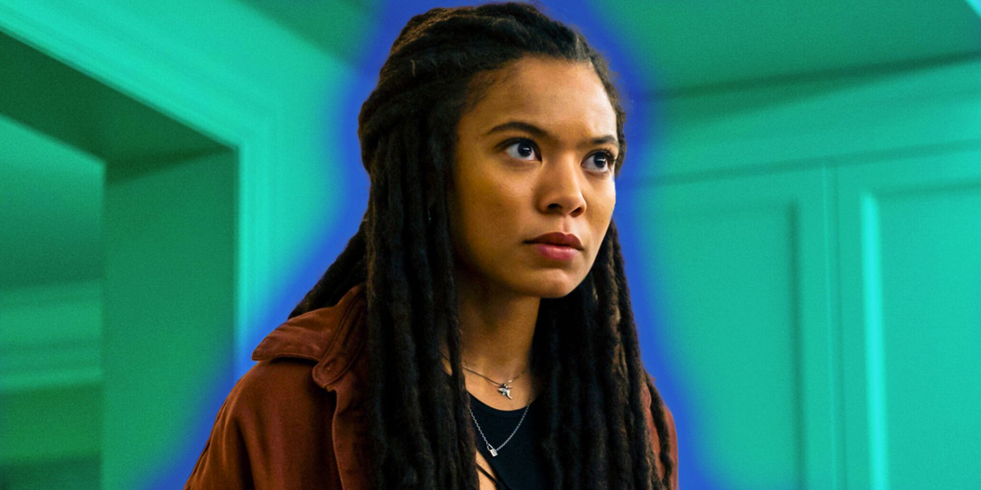 Jaz Sinclair as Marie Moreau with a green background in Gen V season 1 looking to the right