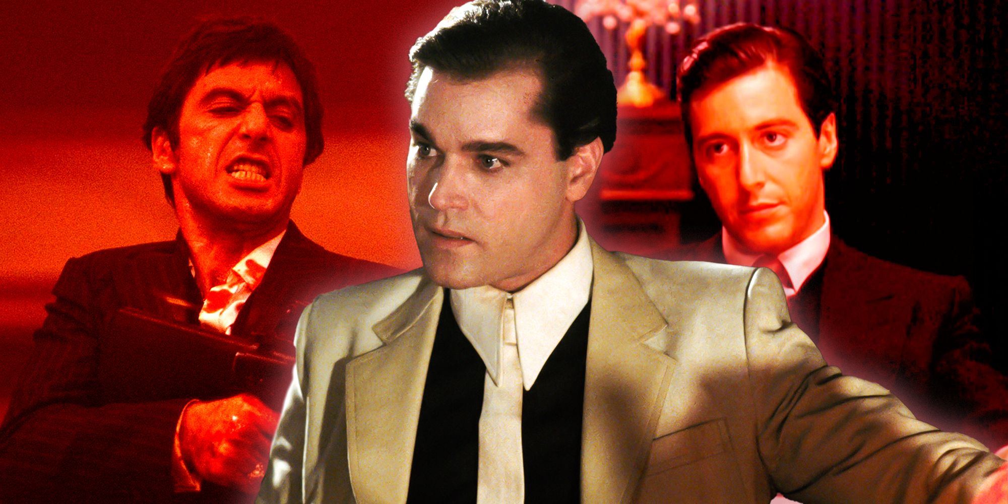 Collage of Tony Montana in Scarface, Henry Hill in Goodfellas, and Michael Corleone in The Godfather