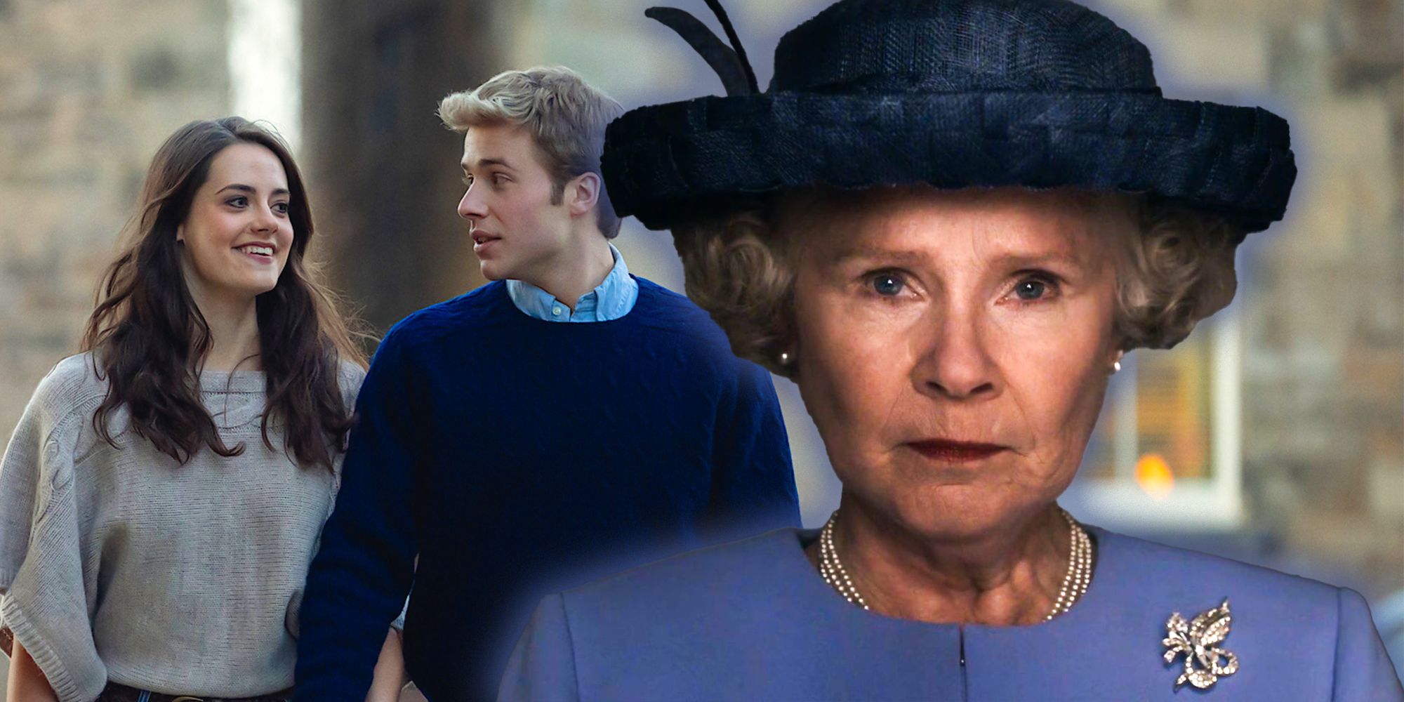 Collage: Kate (Meg Bellamy) and William (Ed McVey) walking together; and Queen Elizabeth (Imelda Staunton) in a hat to the right in The Crown season 6