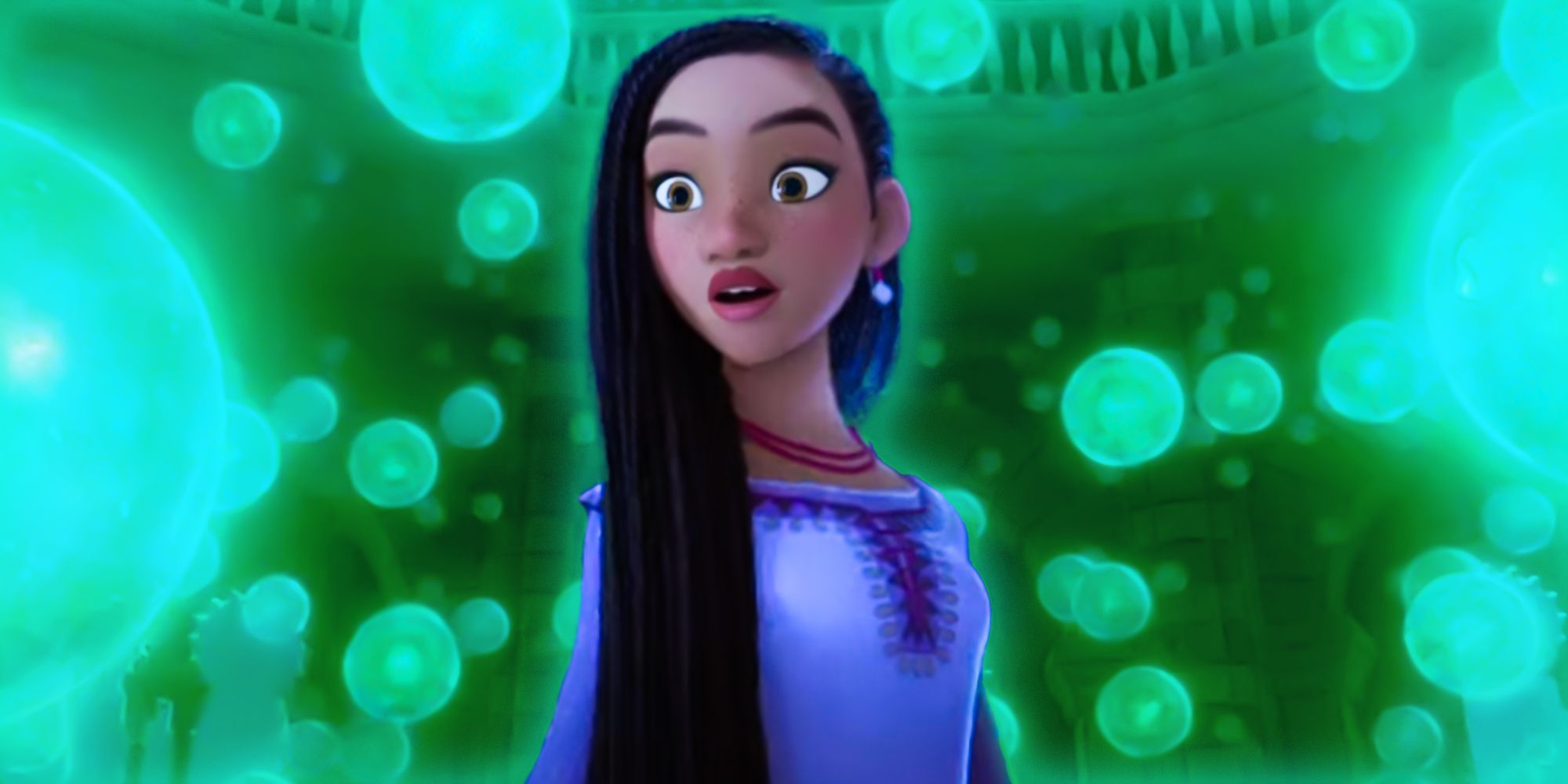 Asha standing in a room surrounded by orbs in Disney's Wish