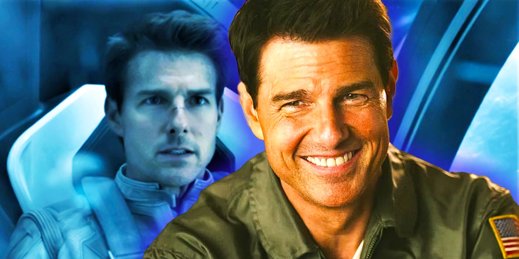 Tom Cruise in Oblivion flying alongside Cruise in Top Gun Maverick smiling