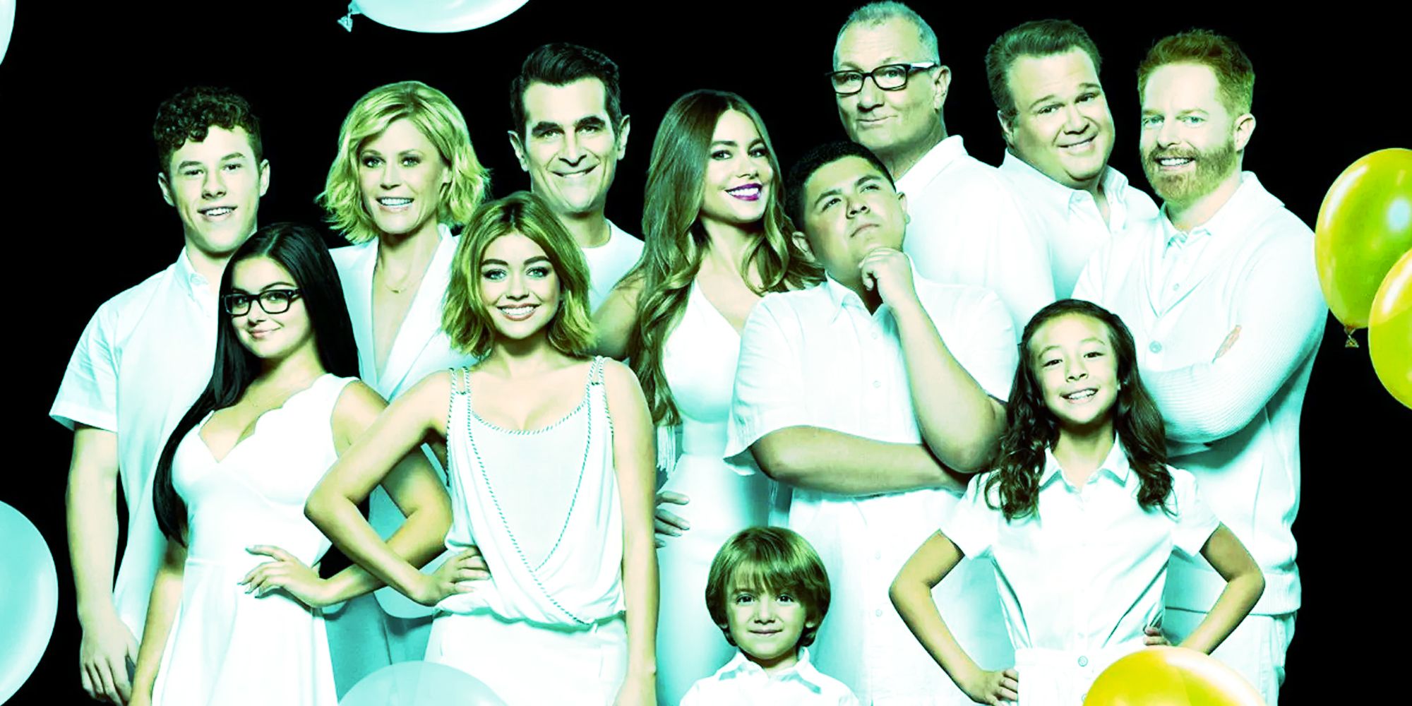 The cast of Modern Family toward the end of the show with a green tint