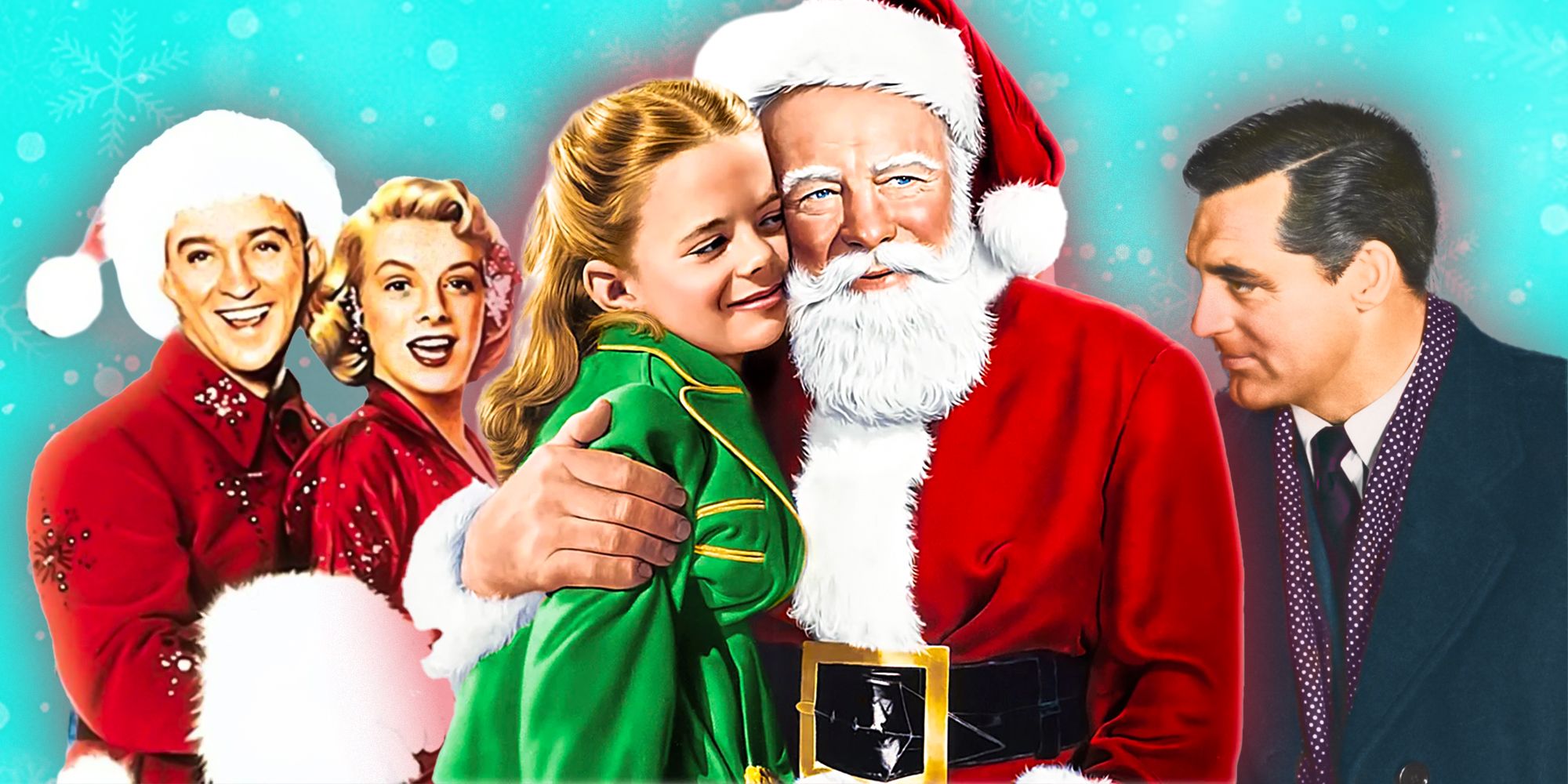 Collage of characters from White Christmas, Miracle on 34th Street, and The Bishop's Wife
