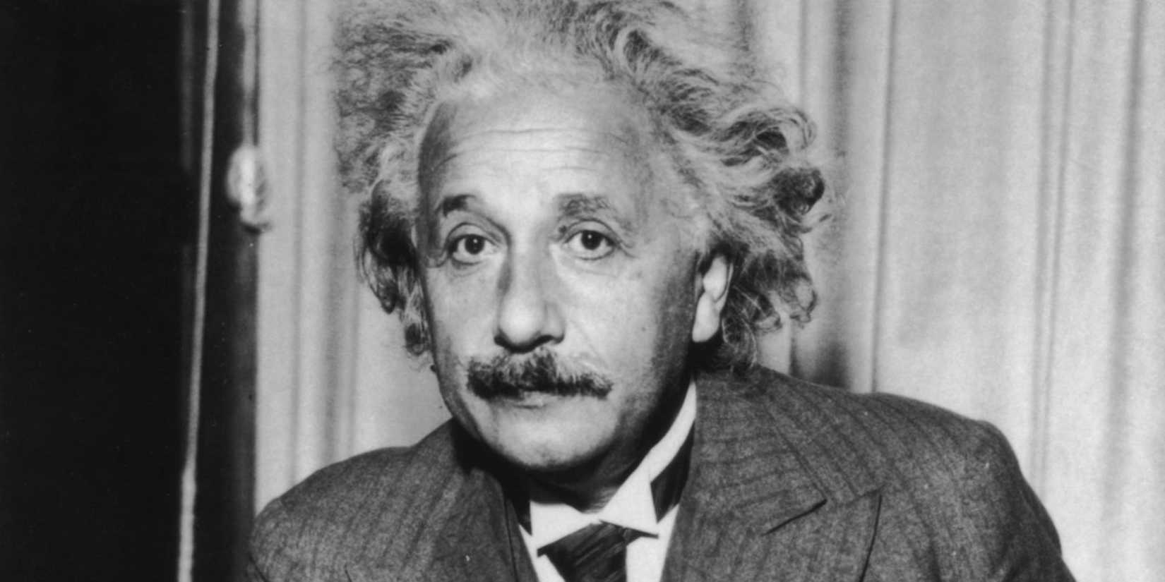 A black and white photograph of famous scientist Albert Einstein