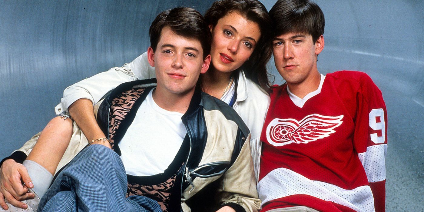 Mia Sara as Sloane in between Matthew Broderick and Alan Ruck in a promo image for Ferris Bueller's Day Off
