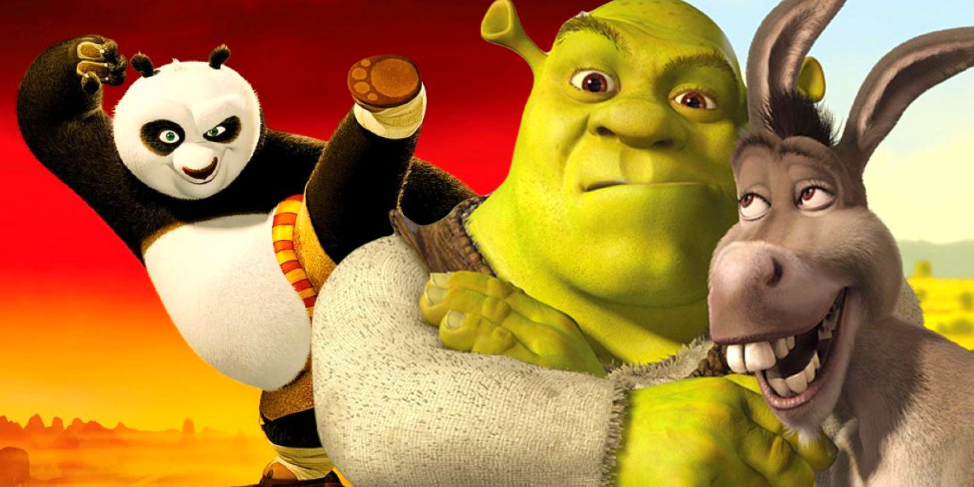 Po in Kung Fu Panda with Shrek and Donkey from the Shrek franchise