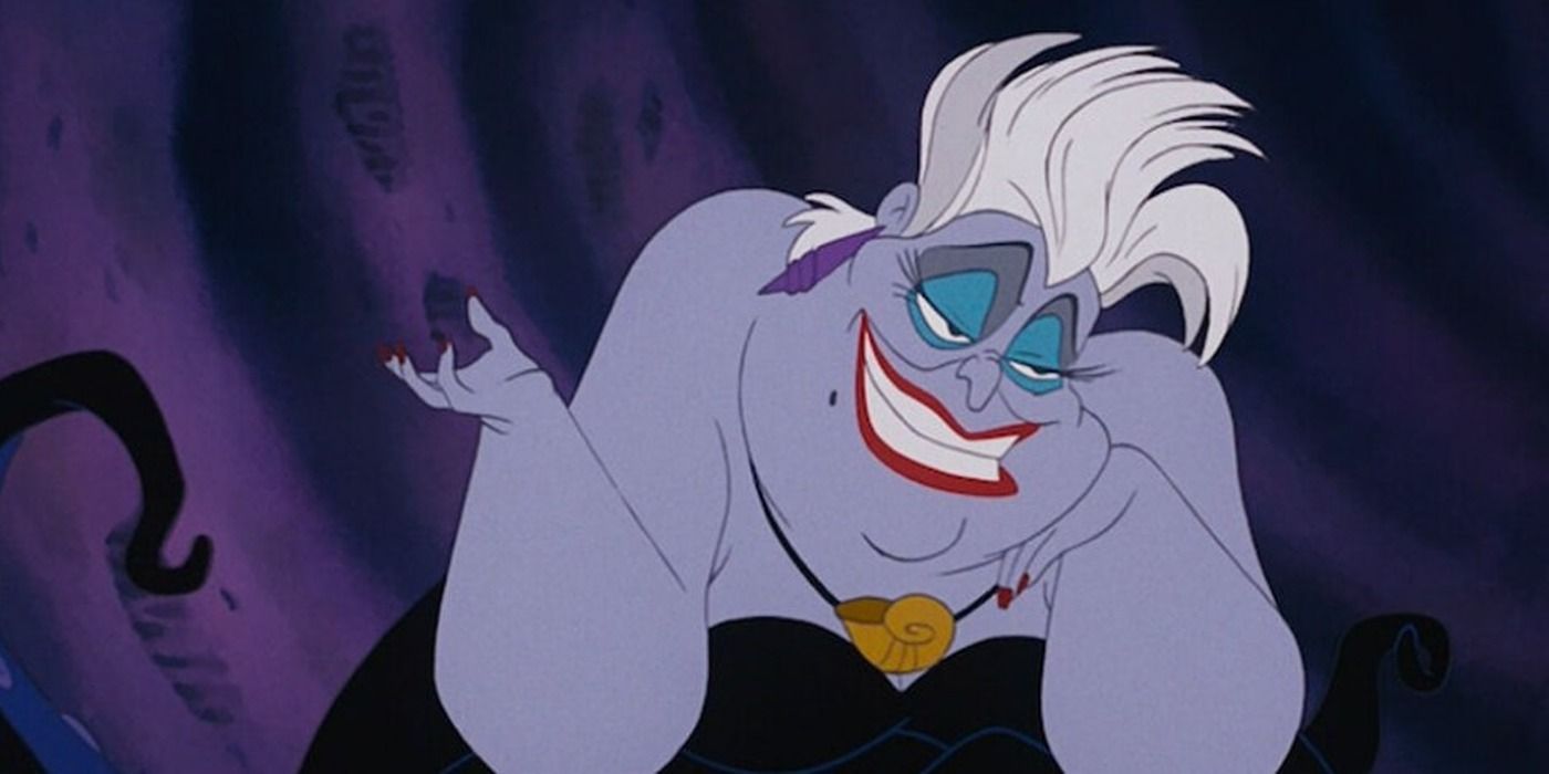 Animated Ursula from The Little Mermaid grinning under water