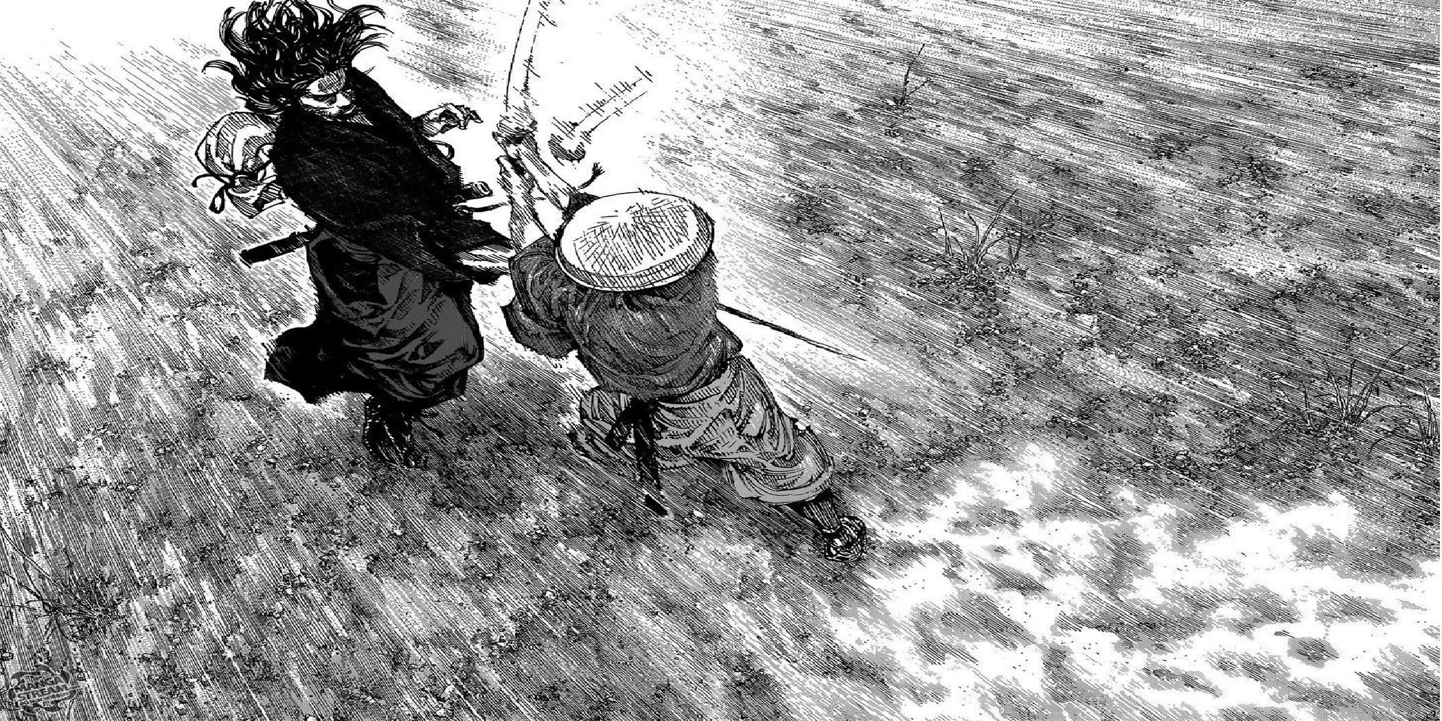 Vagabond manga panel spread depicting a sword fight.