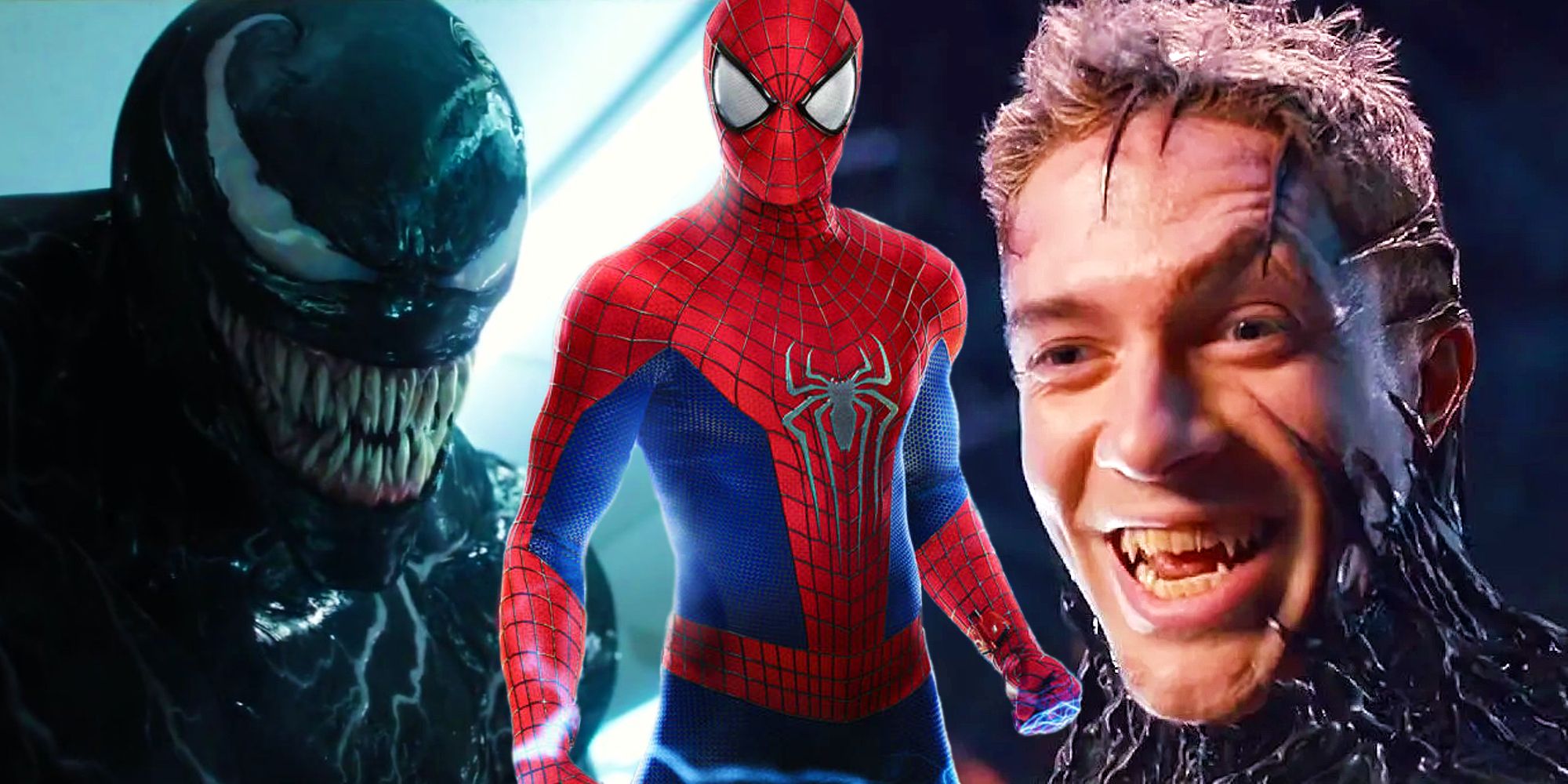 Venom from the 2018 movie and Topher Grace's Spider-Man 3 Venom either side of Andrew Garfield's Amazing Spider-Man