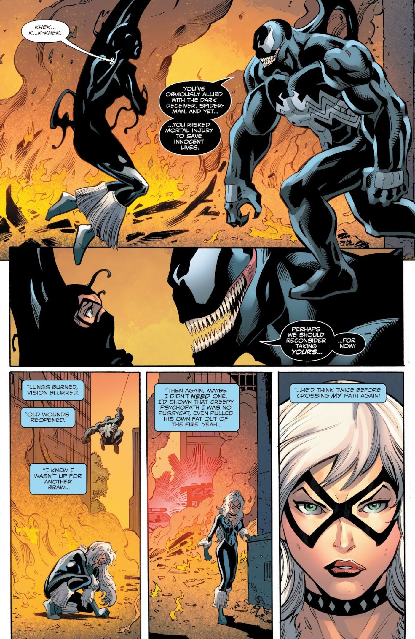 panels from Venom Annual (2018) #1, despite getting the drop on him, Black Cat is defeated by Venom in combat