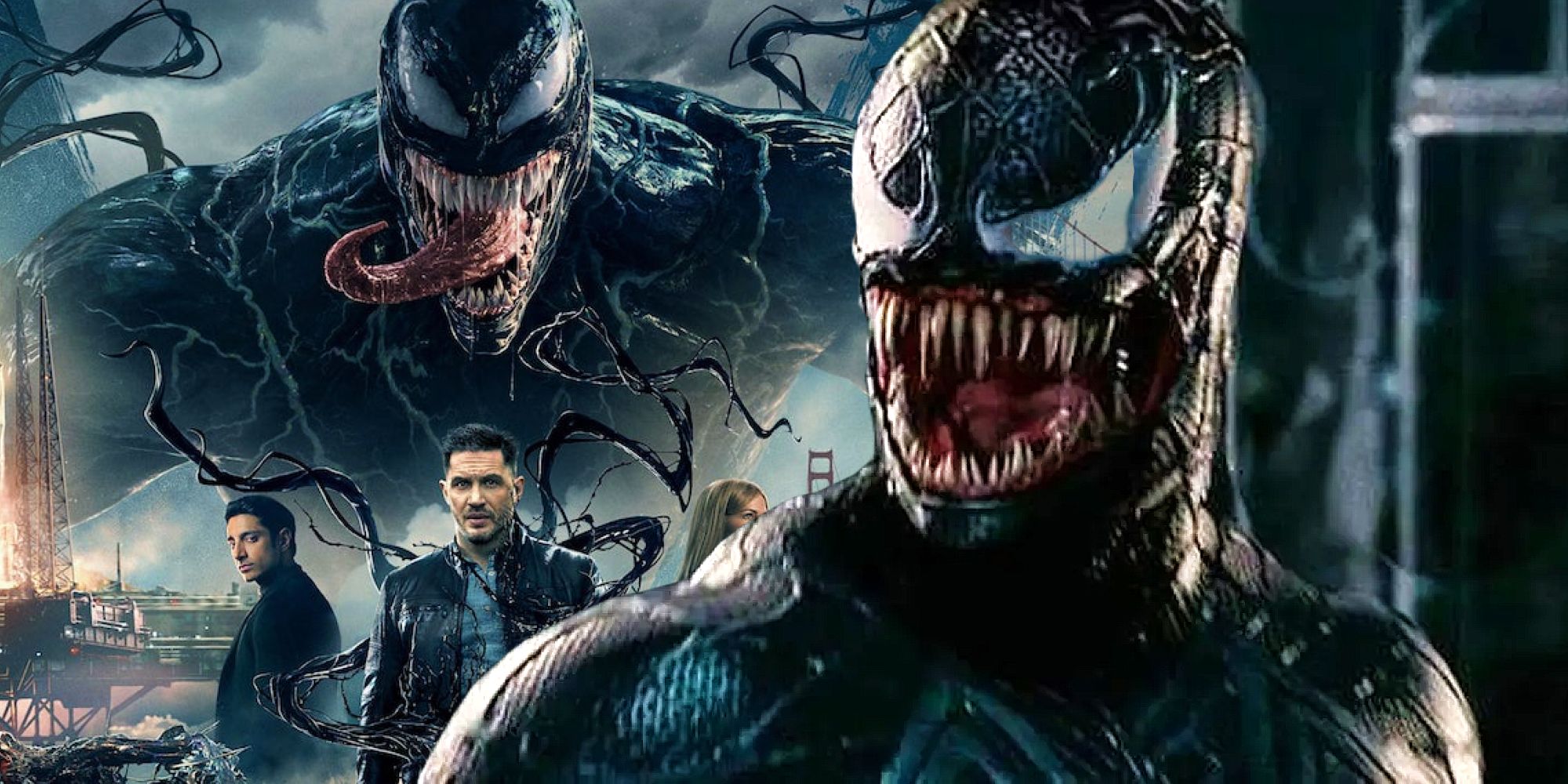 Venom baring his teeth as seen in Spider-Man 3 next to the poster for 2018's Venom starring Tom Hardy
