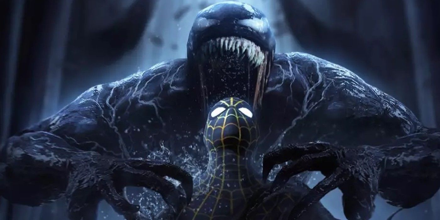 Fan art of Tom Hardy's Venom about to bite Tom Holland's Spider-Man, who is wearing his black and gold suit.