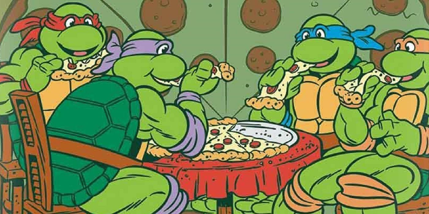 90s TMNT eating pizza.