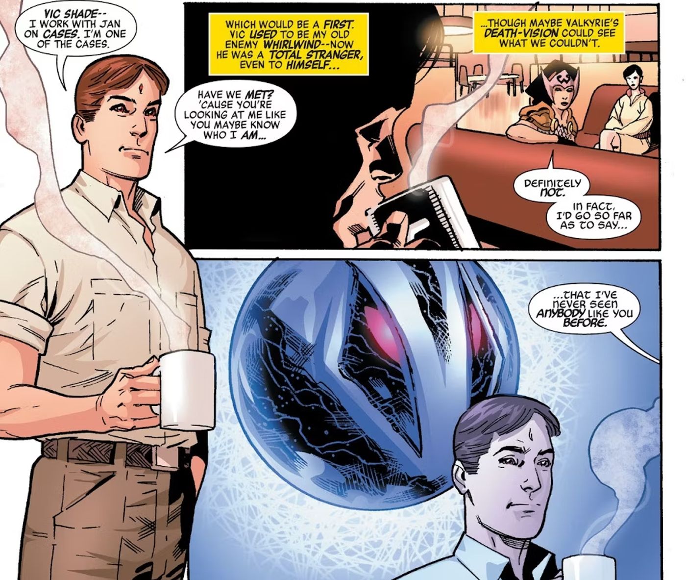 panels from Avengers Inc #3, Vic Shade introduces himself to Valkyrie