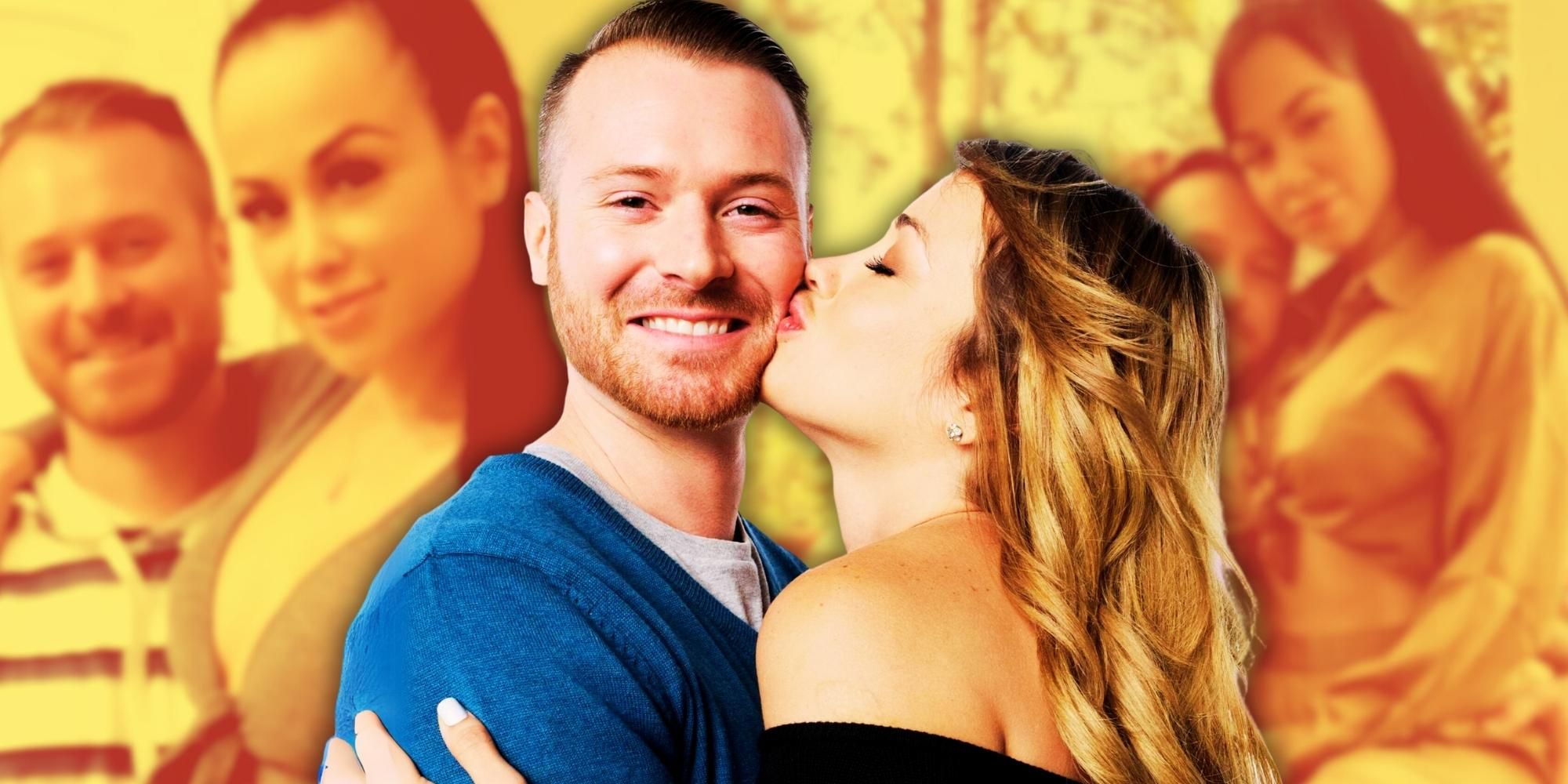 Montage of 90 Day Fiancé Season 1's Paola And Russ with her kissing him on the cheek and a yellow and orange background
