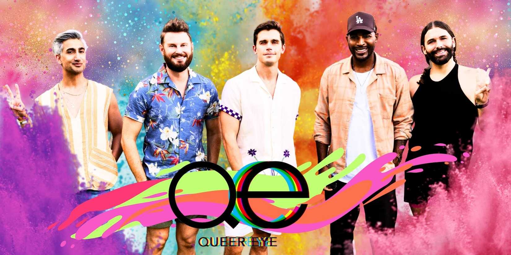 Queer Eye Cast smiling with montage featuring logo and multicolored background