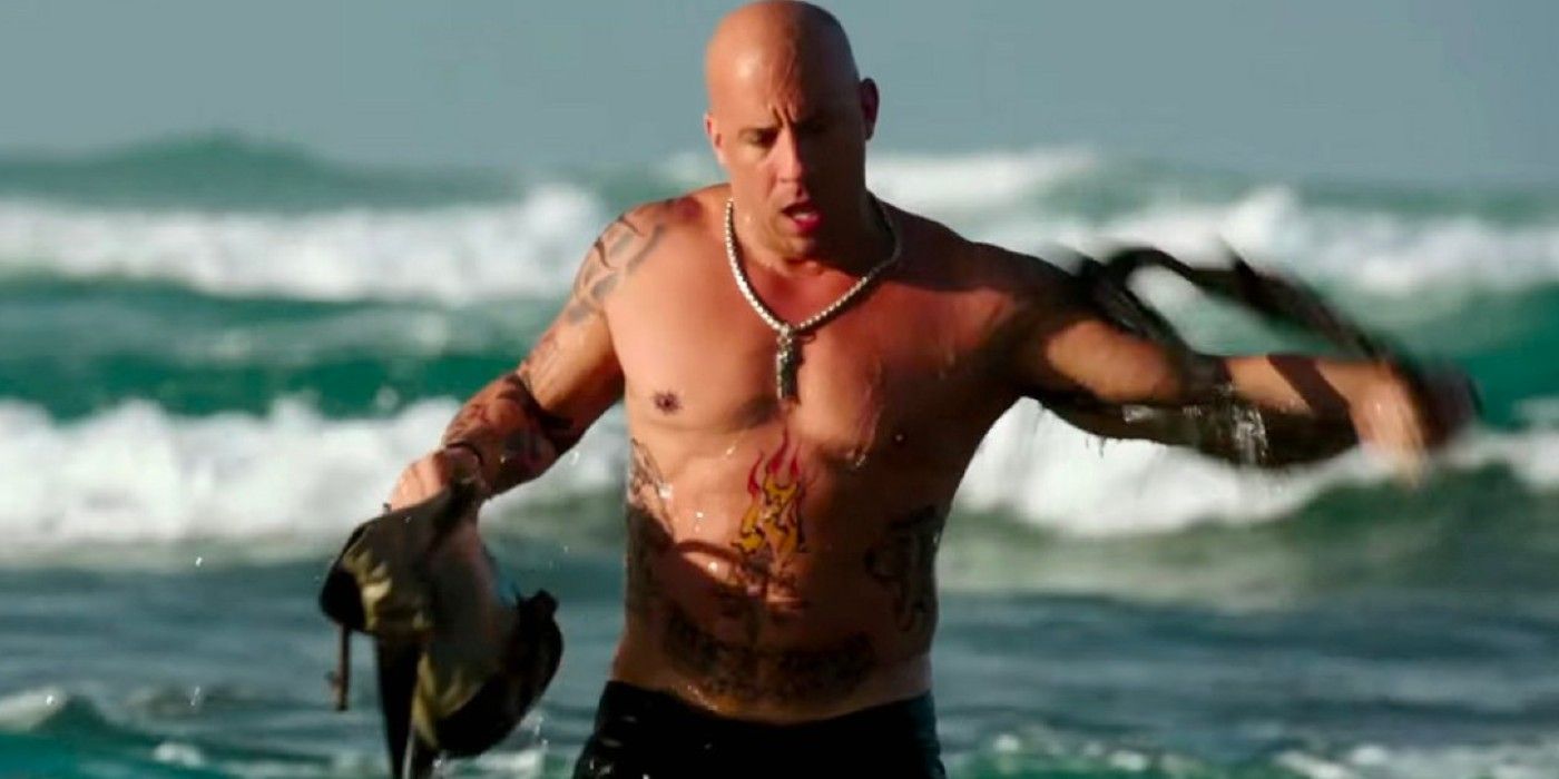 Vin Diesel as Xander Cage shirtless in the ocean in XXX 2.