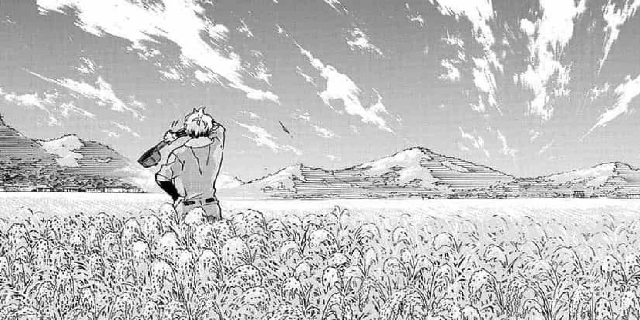 Vinland Saga manga panel of Thorfinn standing in a farm field, working the land.