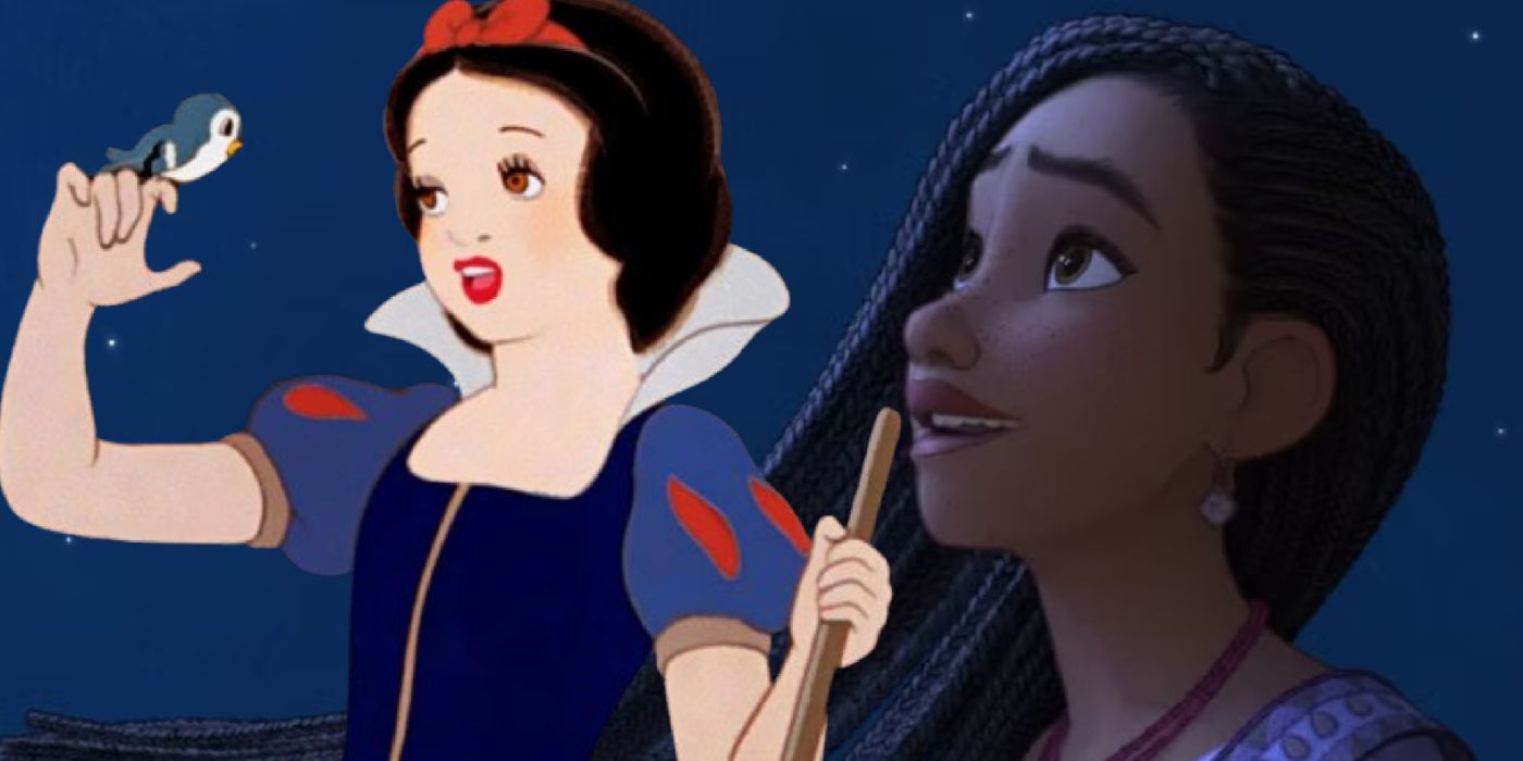 Custom image of Snow White with a bird on her hand and Asha from Wish looking up