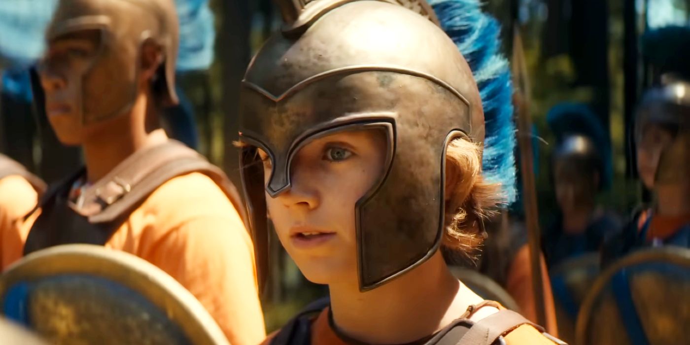 Walker Scobell as Percy in a Helmet at Camp Half-Blood in Percy Jackson and the Olympians