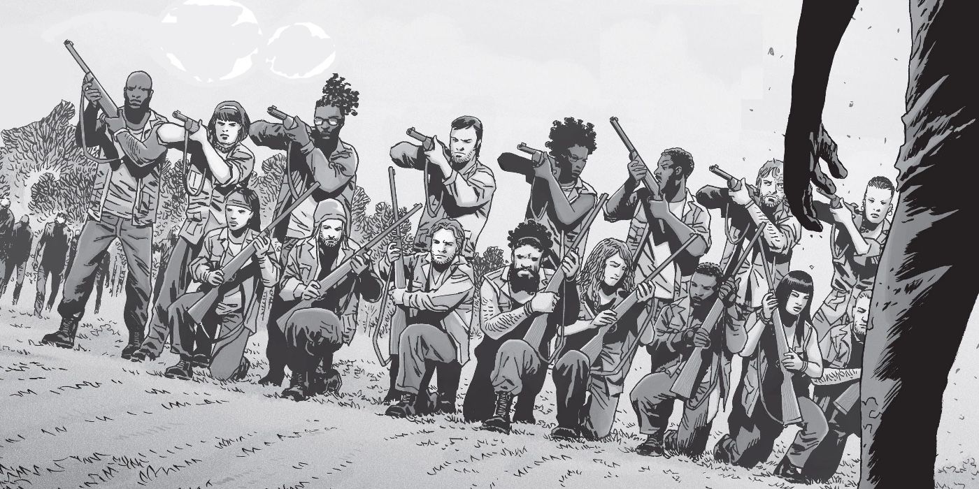 Walking Dead comic cast standing in a line shooting guns