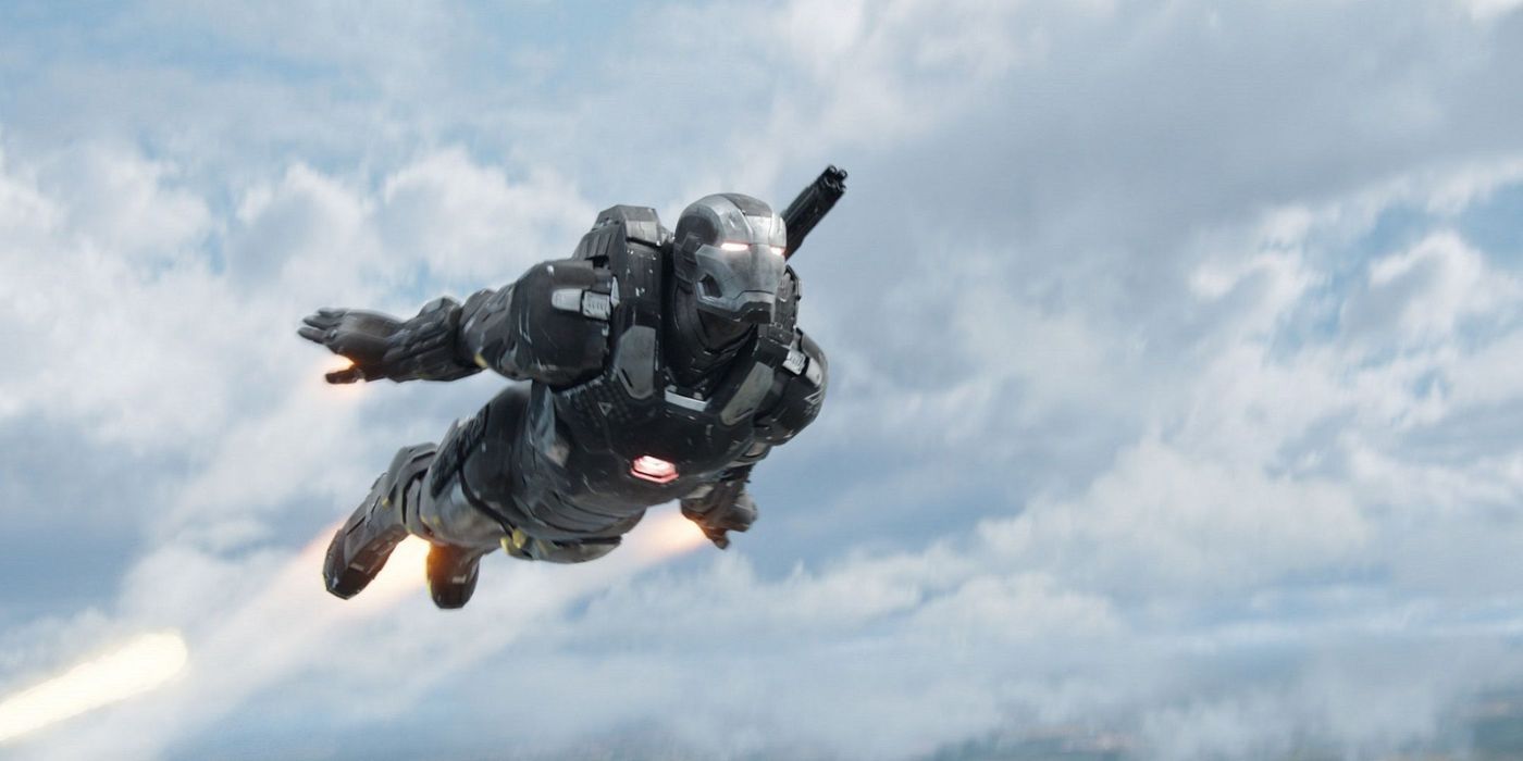 War Machine uses his jet boosters to fly to Ironman's aid in Captain America: Civil War