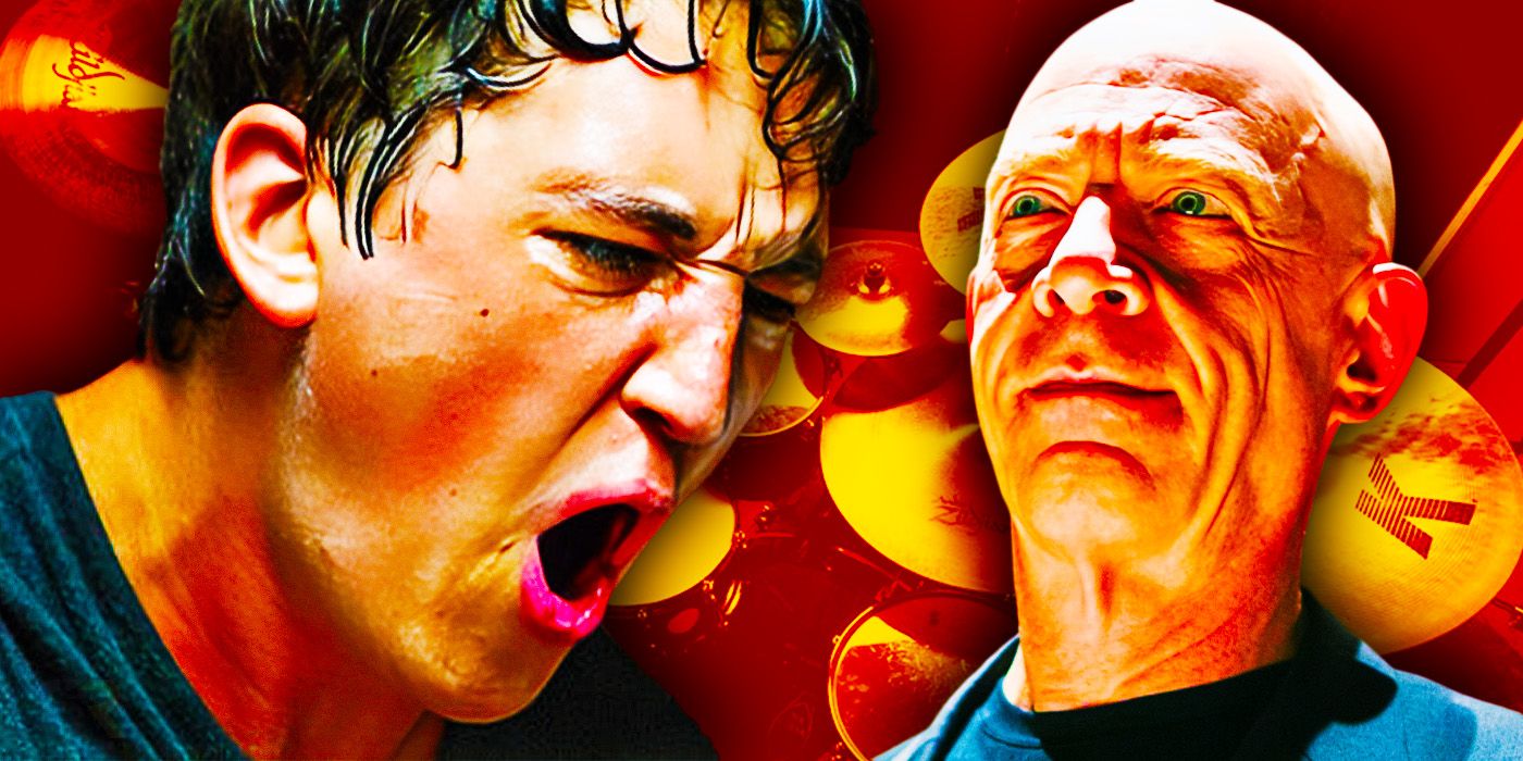 Collage of Miles Teller as Andrew screaming and J.K. Simmons as Fletcher smiling wickedlyin Whiplash.