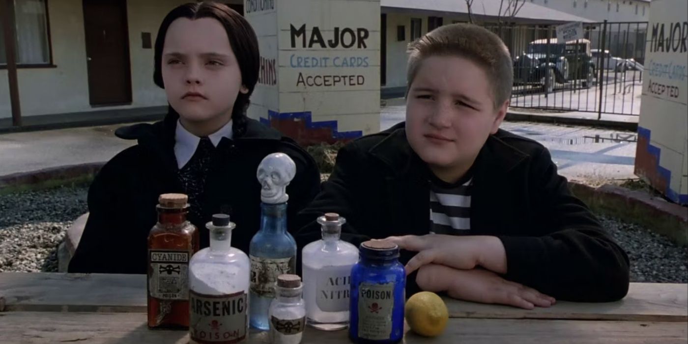 Wednesday Addams and Pugsly asking about girl scout cookies.
