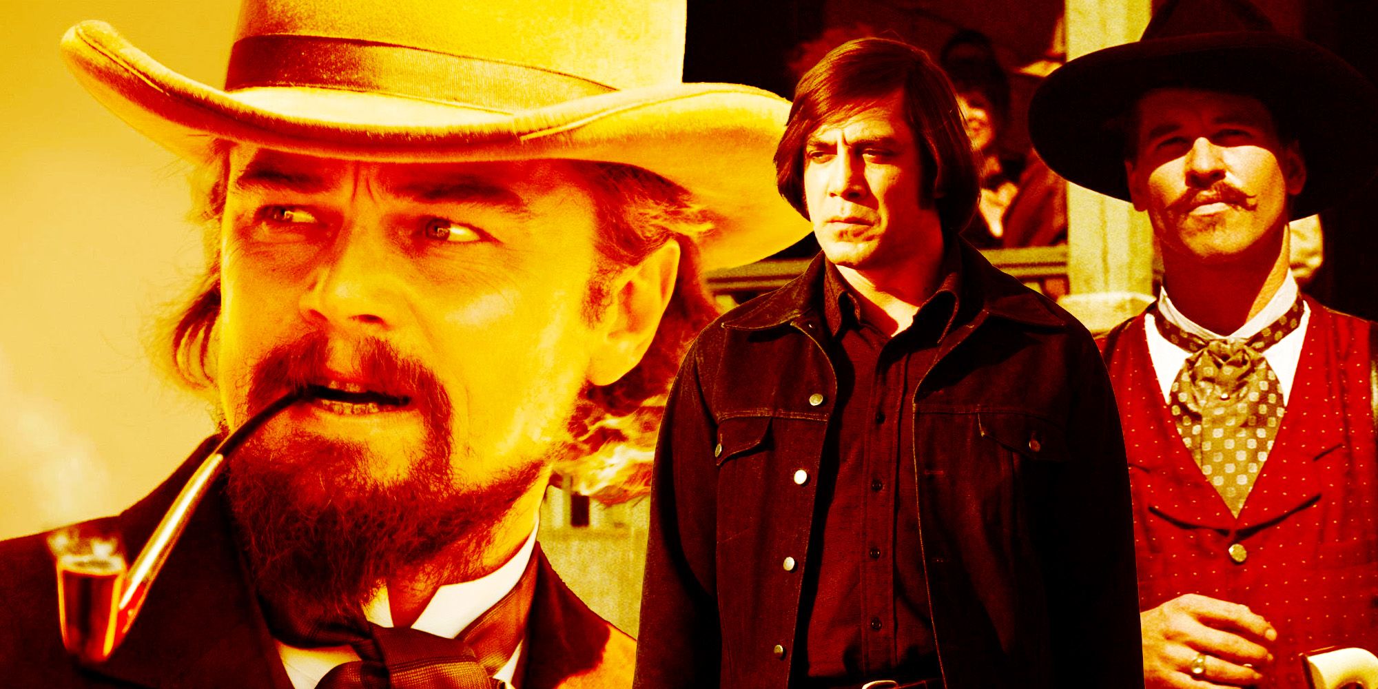 A collage of Westerns that reinvented the genre: Leonardo DiCaprio in Django Unchained, Javier Bardem in No Country for Old Men and Val Kilmer in Tombstone