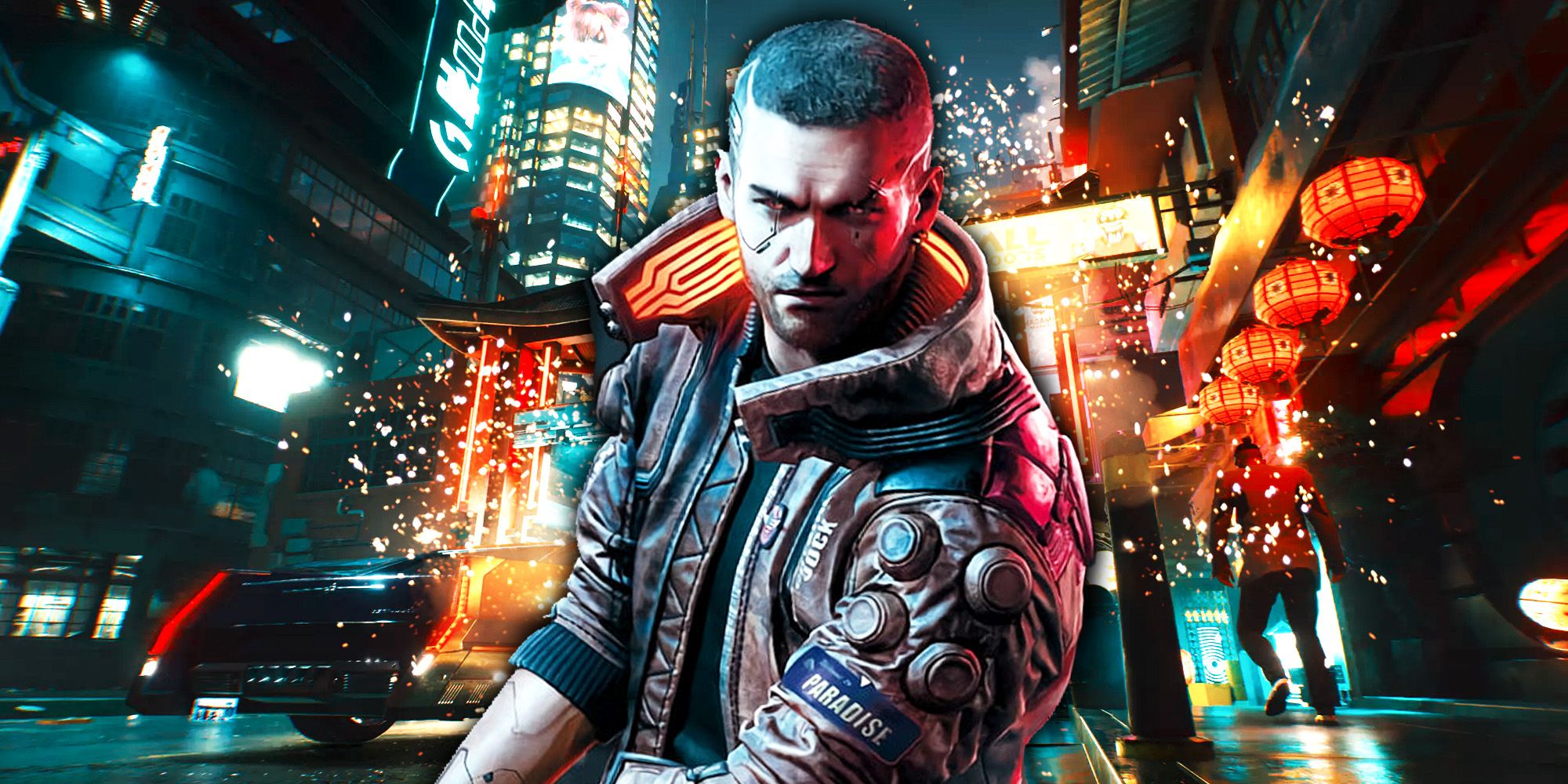 V with explosions around him in Night City in Cyberpunk 2077