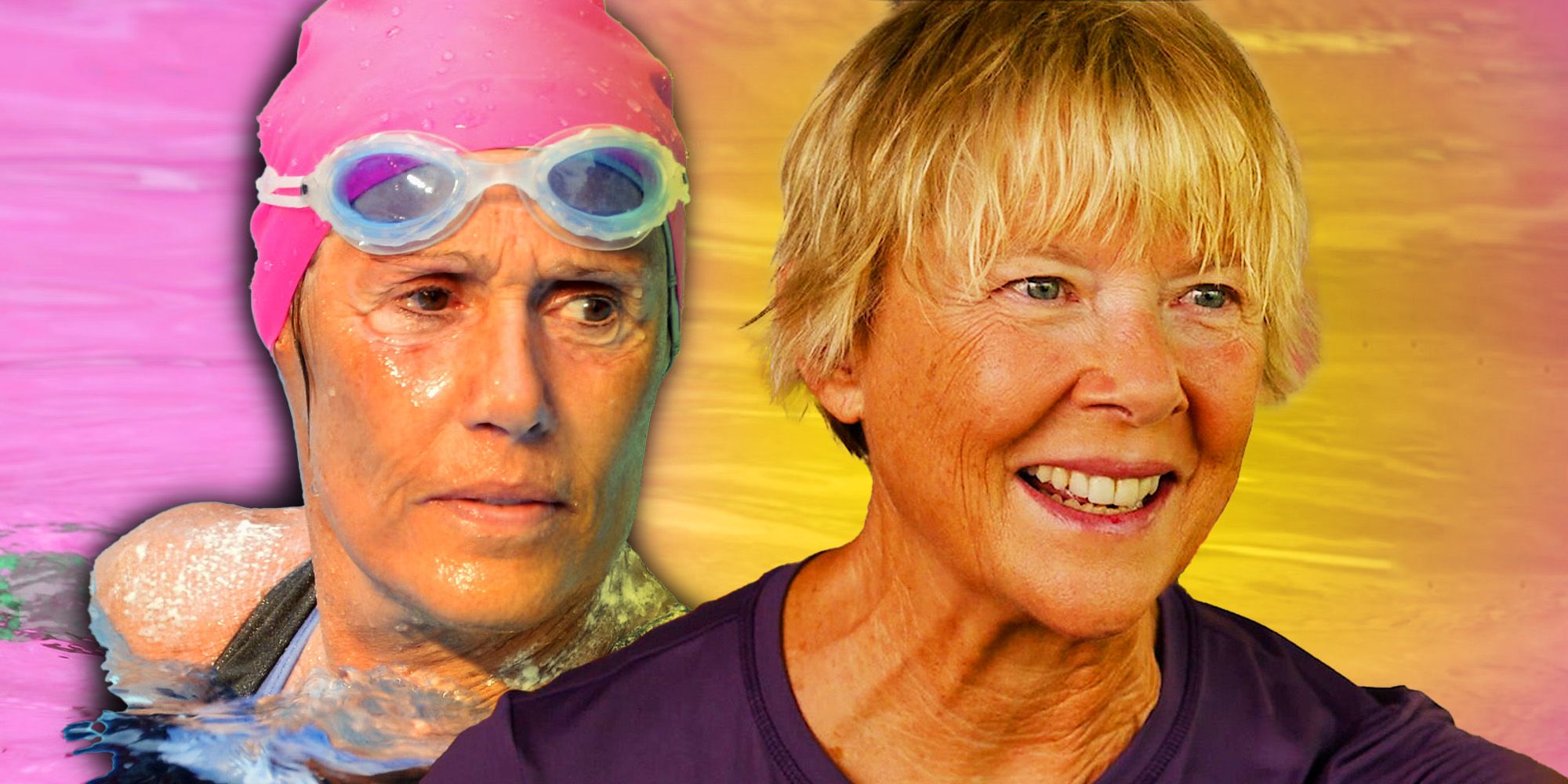 Diana Nyad swimming and Annette Bening as Diana Nyad in Nyad on Netflix.