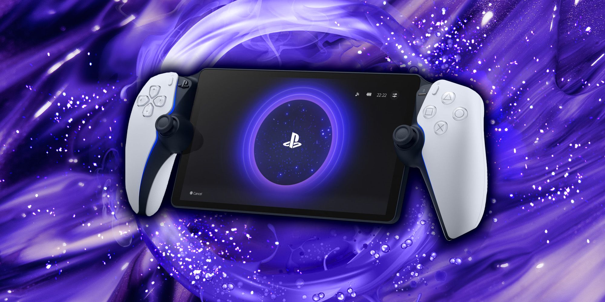 A photo of the PlayStation Portal, a handheld gaming device consisting of a screen between two halves of a controller, over a swirly purple backdrop depicting a portal-like vortex.