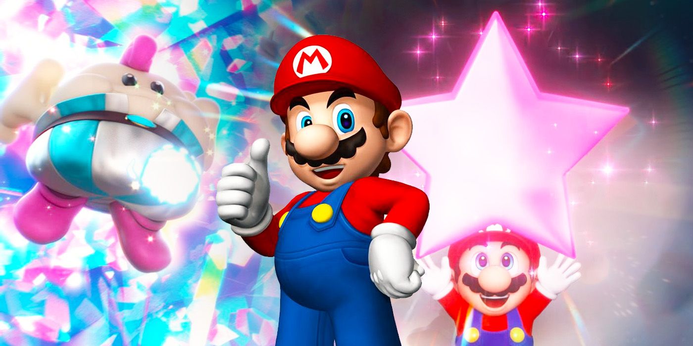 In the foreground, Mario gives a thumbs up. In the background, Mallow winds up an attack and Mario holds up a purple star in screenshots from Super Mario RPG.