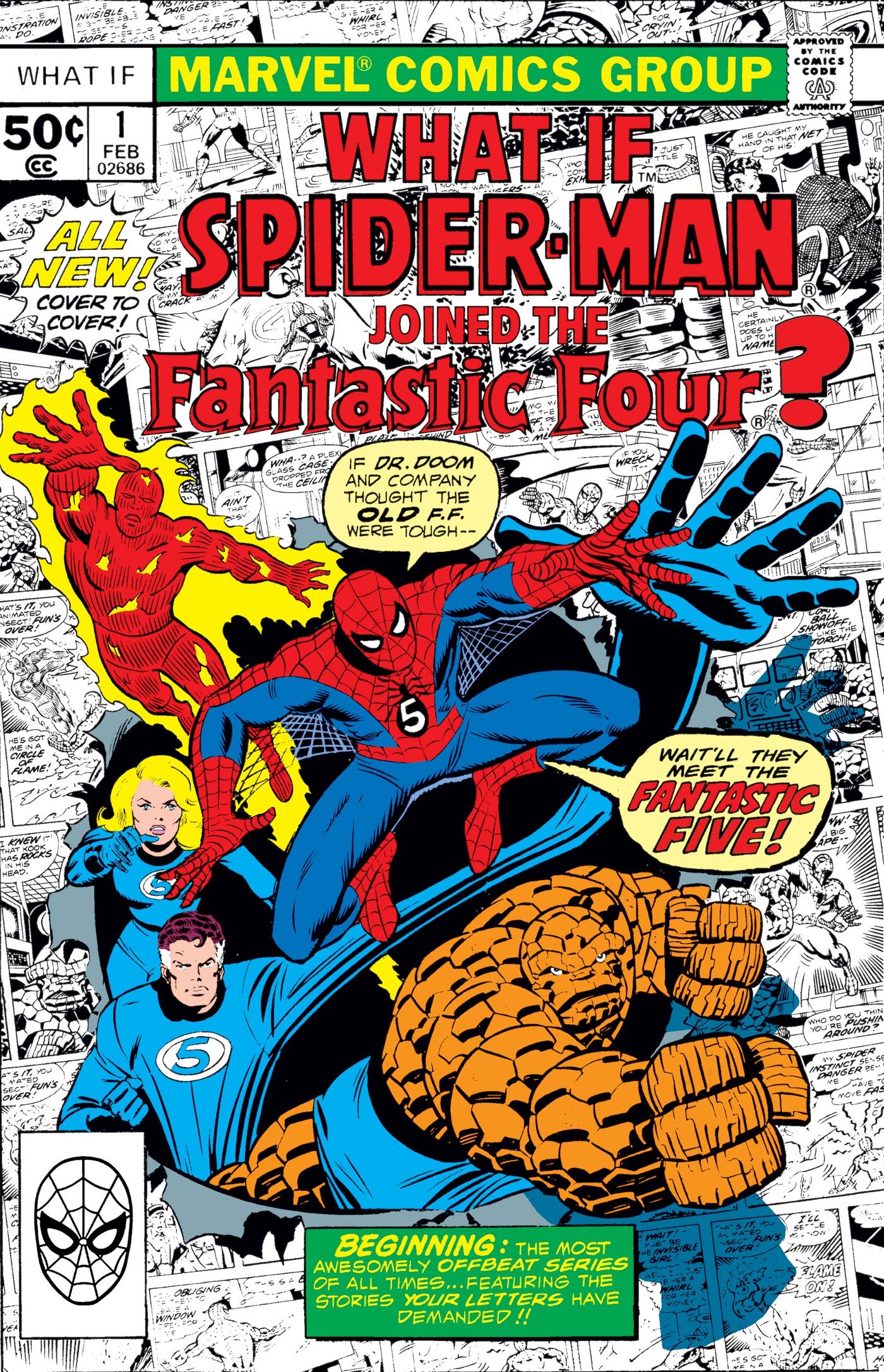 Cover for Marvel &ldquo;What If&hellip;?&rdquo; #1, from 1977 (&ldquo;What If Spider-Man joined the Fantastic Four?