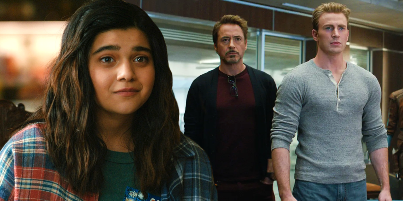 Kamala Khan in The Marvels on the left, Tony Stark and Steve Rogers in Avengers: Endgame on the right