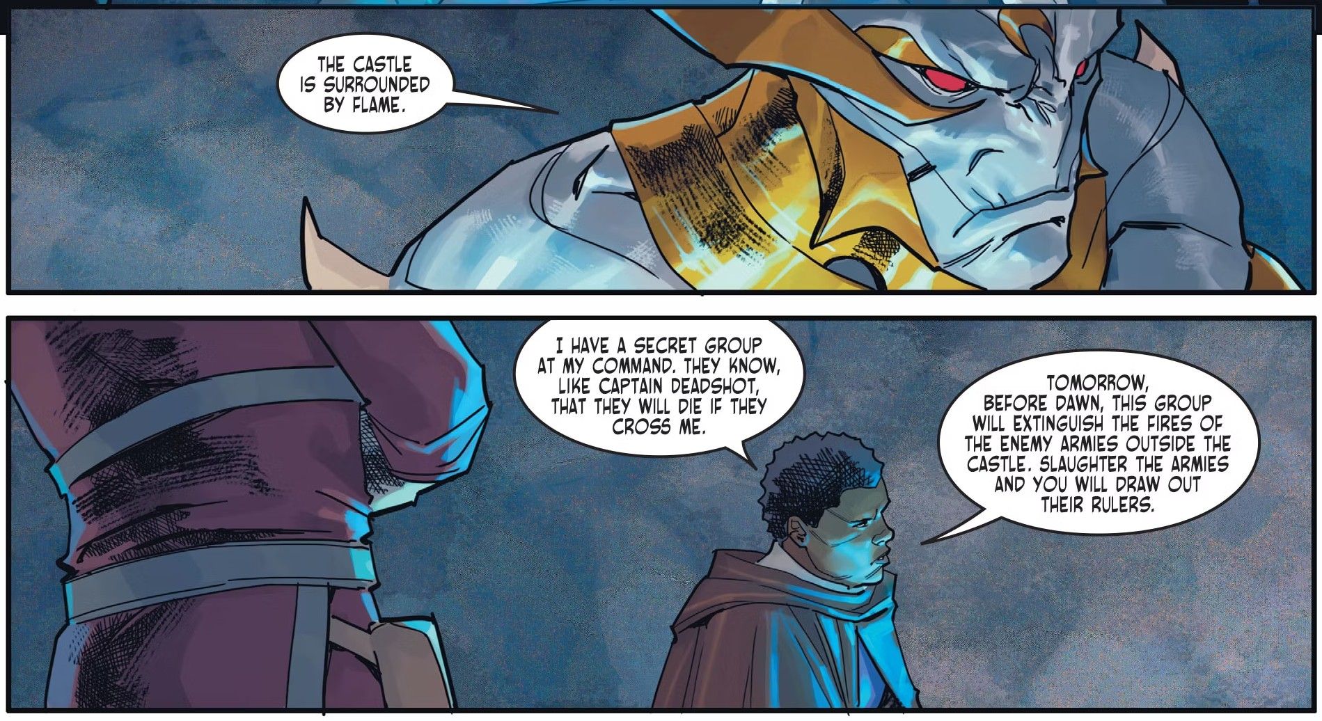 A white-skinned alien talks to a Black woman wearing medieval robes.