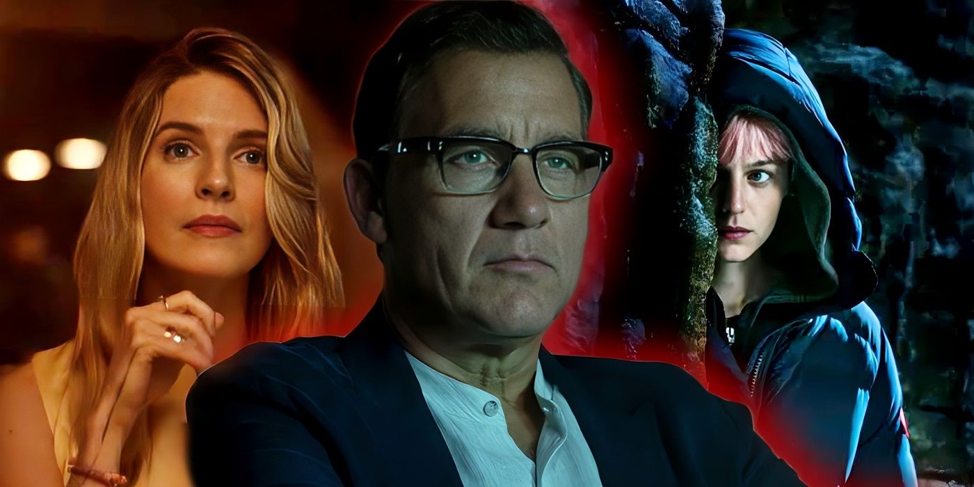 Brit Marling as Lee, Clive Owen as Andy Ronson, and Emma Corrin as Darby in A Murder at the End of the World