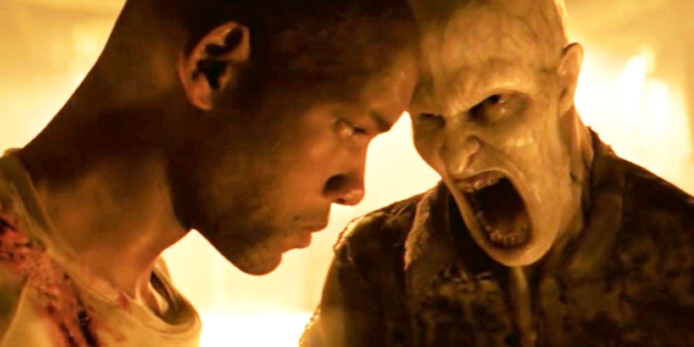 O Macho Alfa (Dash Mihok) Darkseeker grita com Neville (Will Smith) no final alternativo de I Am Legend.