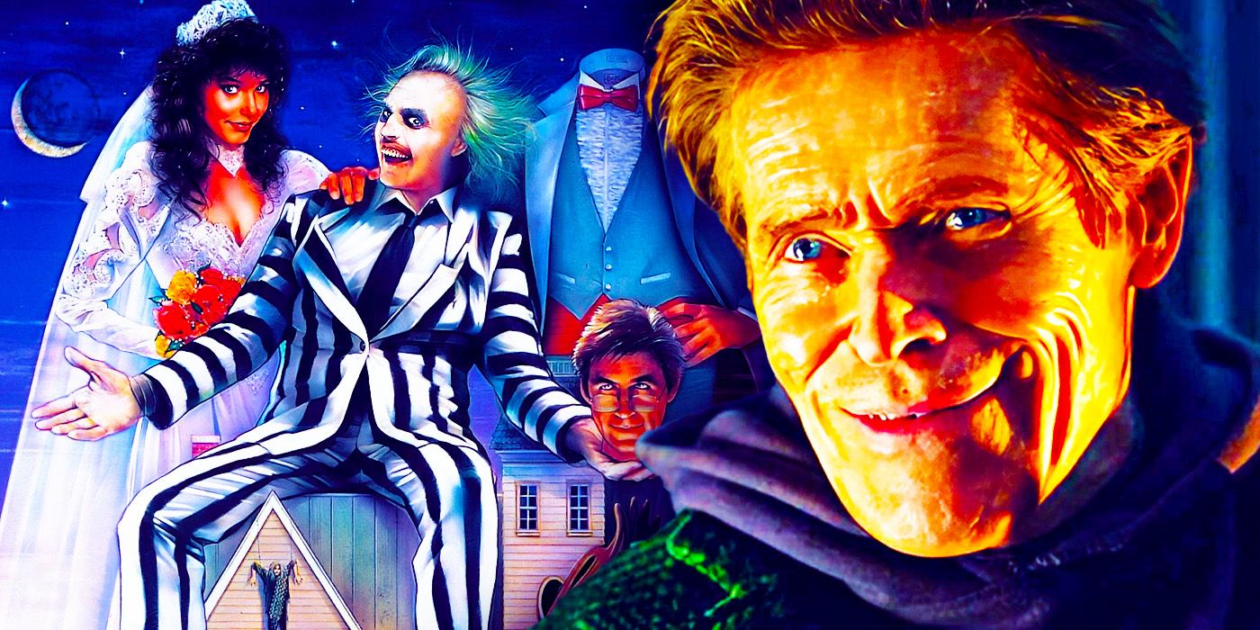 Collage of the original Beetlejuice poster of Barbara Beetlejuice and Adam alongside Willem Dafoe as Green Goblin in Spider-Man: No Way Home