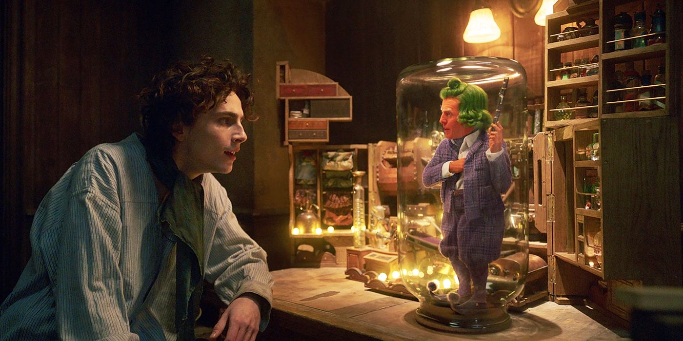 Willy Wonka hablando con un Oompa Loompa dentro de un cristal en Wonka
