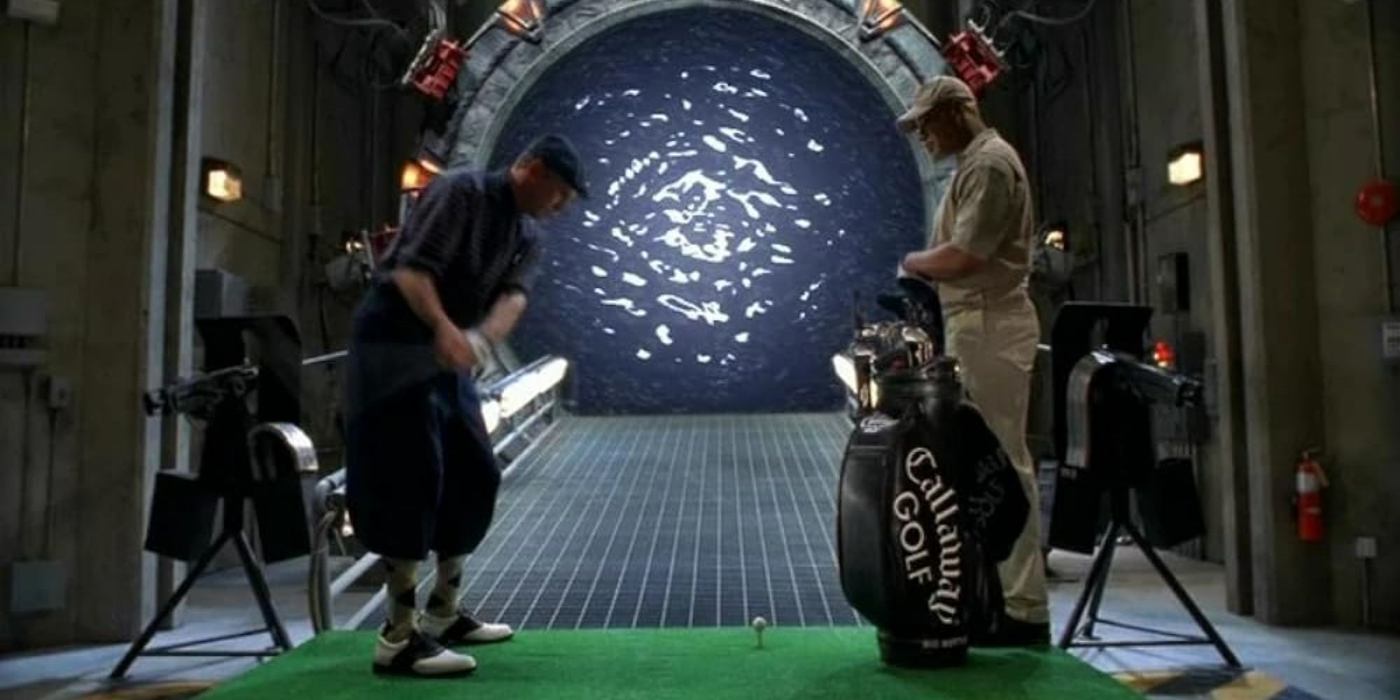 Jack And Teal'c hit golf balls into the unstable vortex in Stargate.