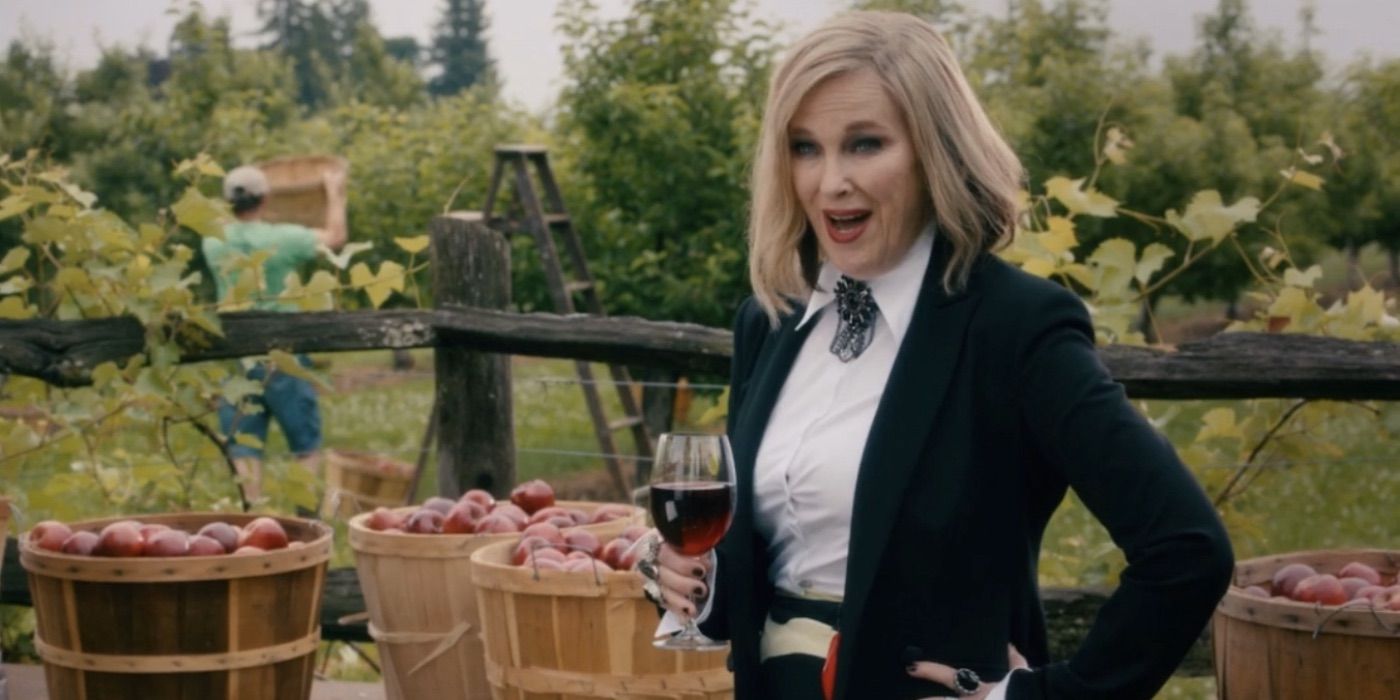 Moira films a wine commercial at a vineyard in Schitt&rsquo;s Creek.