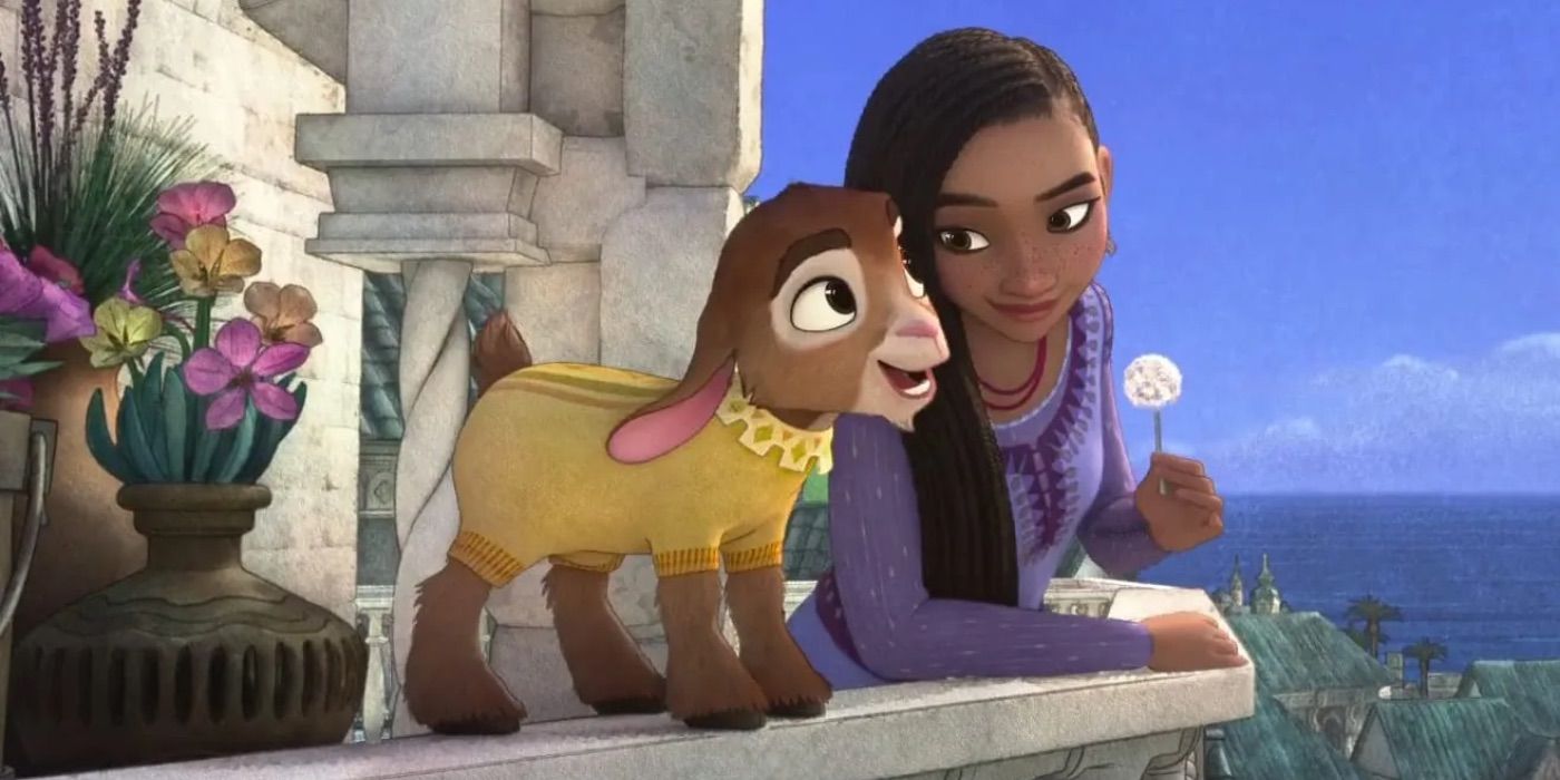 Asha and Valentino stand on a balcony in Disney's Wish.