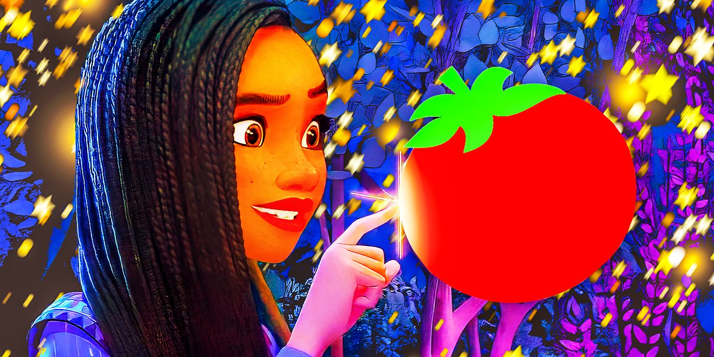 This collage shows Asha from Wish touching the Rotten Tomatoes symbol with stars in the background.